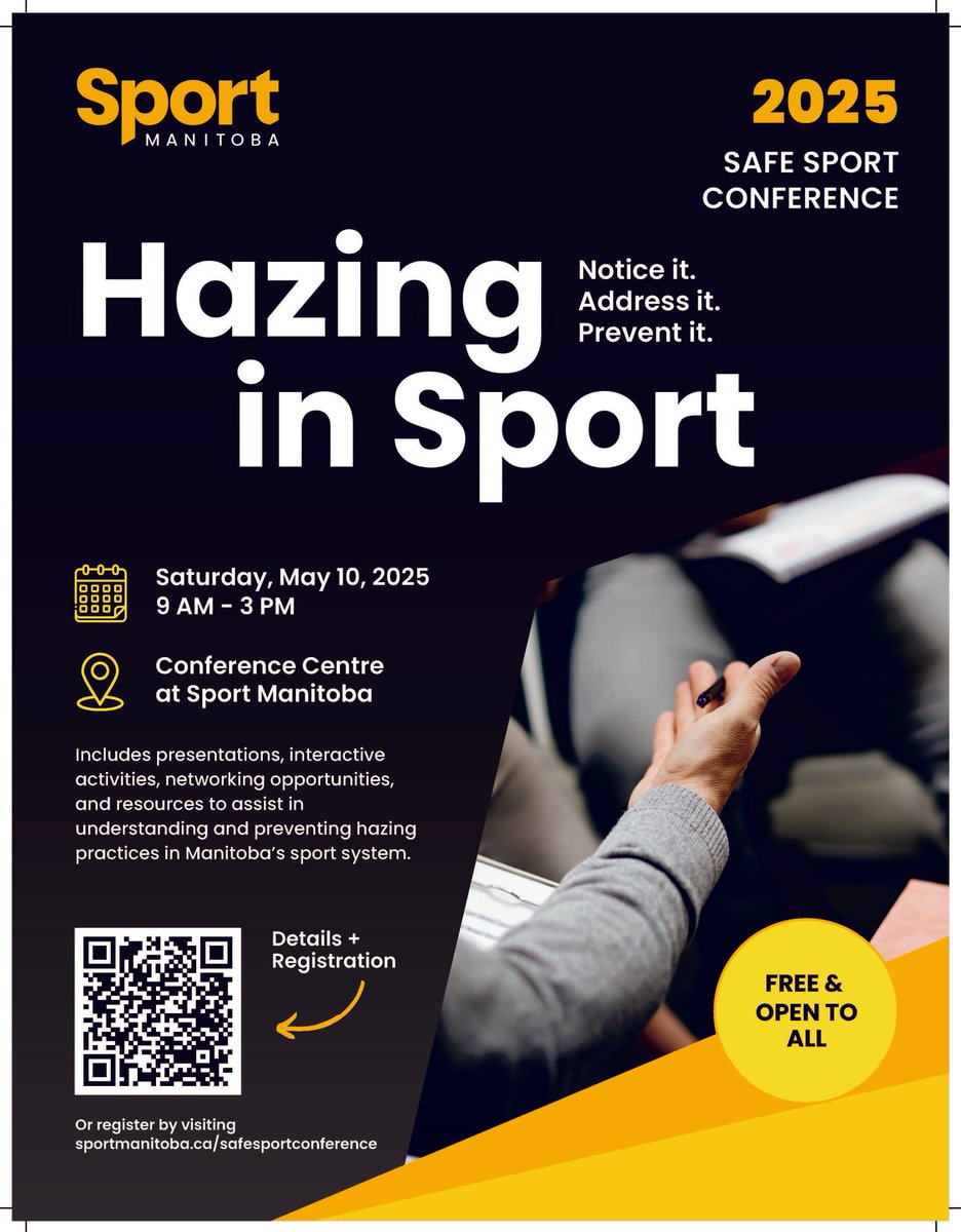 Join us as we discuss hazing in sport at <a href="/SportManitoba/">Sport Manitoba</a>'s Safe Sport Conference on May 10, 2025! Open to sport administrators, coaches, parents, athletes, officials, and volunteers. Registration is FREE - food &amp; drinks are provided. #SafeSportMB #EndHazing #SportManitoba #ARISC