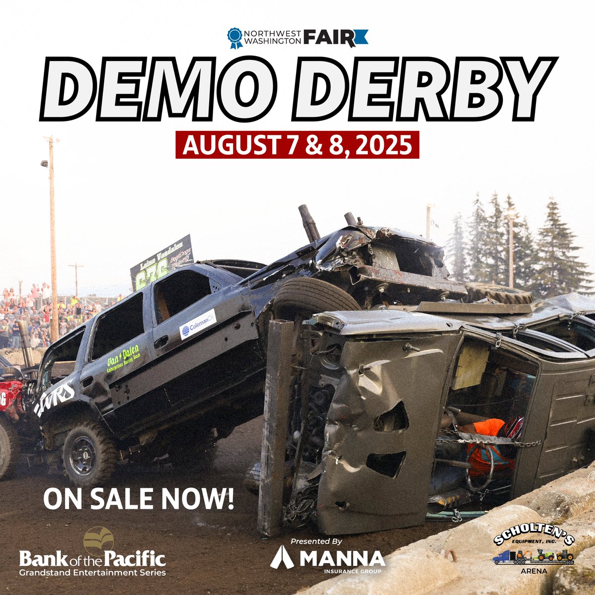 ON SALE NOW! See the Demo Derby at the #nwwafair, part of the Bank of the Pacific Grandstand Entertainment Series in the <a href="/ScholtensEquip/">Scholtens Equipment</a> Arena. Presented by <a href="/MannaInsurance/">MannaInsurance</a>. Buy tickets ➡️ nwwafair.com/tickets. Gate admission is required &amp; sold separately. VIP is available!