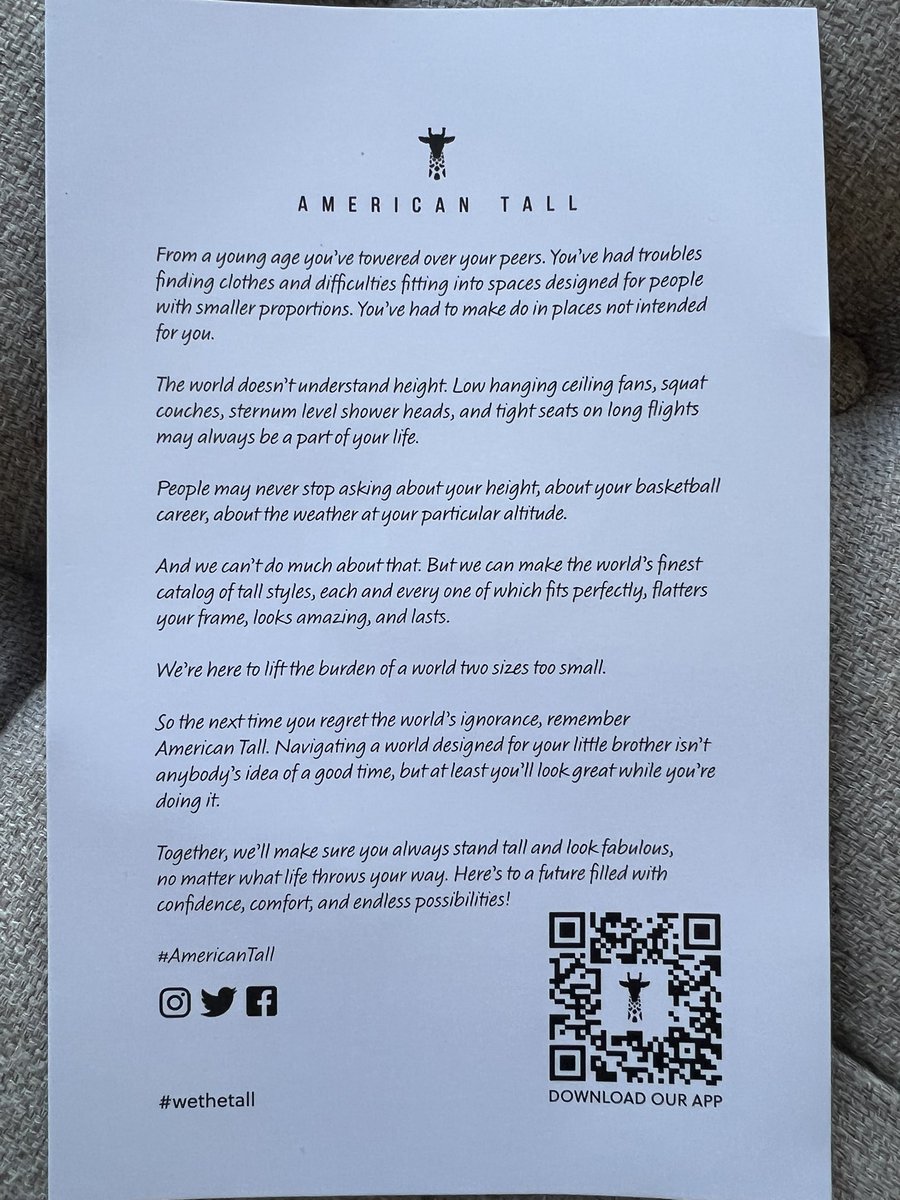 It took 20 years of adult life, unable to find shirts long enough for my torso without being boxy and wide, until I discovered <a href="/american_tall/">American Tall</a> 

It’s amazing when a brand gets you

Has a ceiling fan injured your hand while putting on a shirt?

Always ducking in the hotel shower to