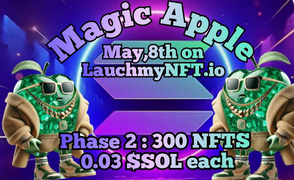 Skyes744's tweet image. 🍏 MAGIC APPLE  🍏

🍏 The official drop is tomorrow 🍏

so stay tuned! We sold out Phase 1 in 24h, 165 gone in a flash 😎

🎁 Share and comment your $SOL address — I’m giving away 2 tomorrow right after the drop! 

Good night 🌜