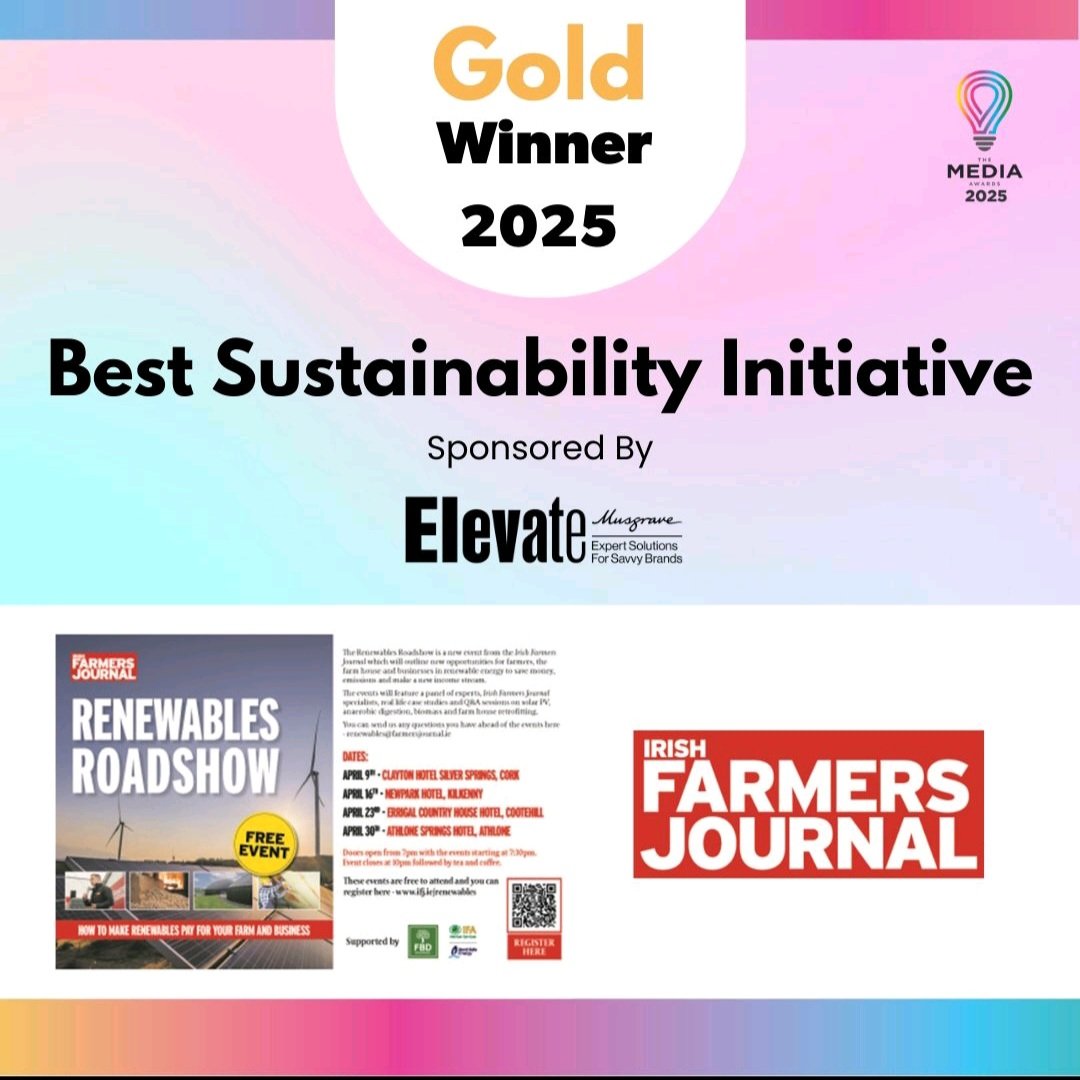 IFJCaitriona's tweet image. Massive congratulations to the @farmersjournal team behind this win in the @mediaawards_IRL - Gold award for Best Sustainability Initiative for the Irish Farmers Journal Renewables Roadshow. @StephenRobbDL