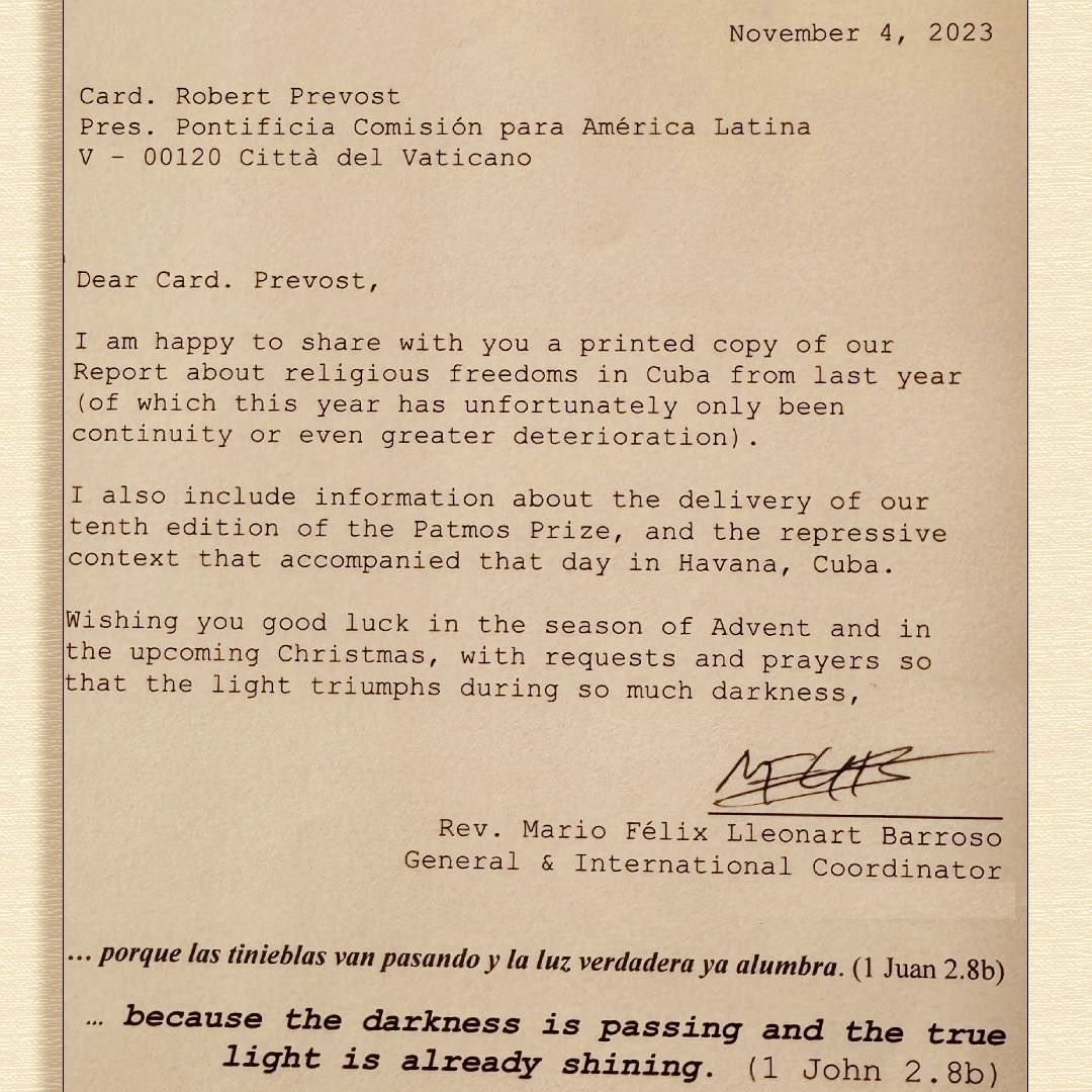 Mario Felix Lleonart (@maritovoz) on Twitter photo It was an honor to send the <a href="/ForoPatmos/">Instituto Patmos</a> 's letter and report on #religiousfreedom violations in #Cuba to Cardinal Robert Francis Prevost <a href="/drprevost/">Robert Prevost</a> in 2023. I hope to keep him even more informed now that he is #PopeLeoXIV / Fue honor enviar carta y reporte del Instituto Patmos It was an honor to send the <a href="/ForoPatmos/">Instituto Patmos</a> 's letter and report on #religiousfreedom violations in #Cuba to Cardinal Robert Francis Prevost <a href="/drprevost/">Robert Prevost</a> in 2023. I hope to keep him even more informed now that he is #PopeLeoXIV / Fue honor enviar carta y reporte del Instituto Patmos