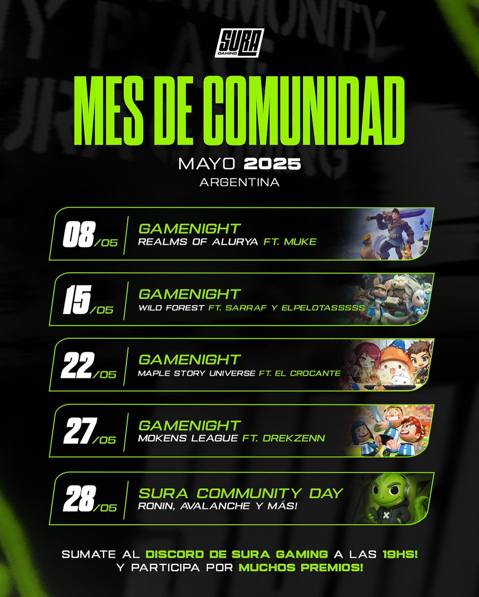𝙈𝙀𝙎 𝘿𝙀 𝘾𝙊𝙈𝙐𝙉𝙄𝘿𝘼𝘿 𝘿𝙀 𝙈𝘼𝙔𝙊

Te dejamos algunas de las actividades de este mes que ya te podes ir anotando en el calendario 📅para no olvidar de ninguna🔥

Hoy tenemos 📅👇
Game night jueves 𝟬𝟴/𝟬𝟱 Realms of Alurya

Game night jueves 𝟭𝟱/𝟬𝟱 Wild Forest
Game