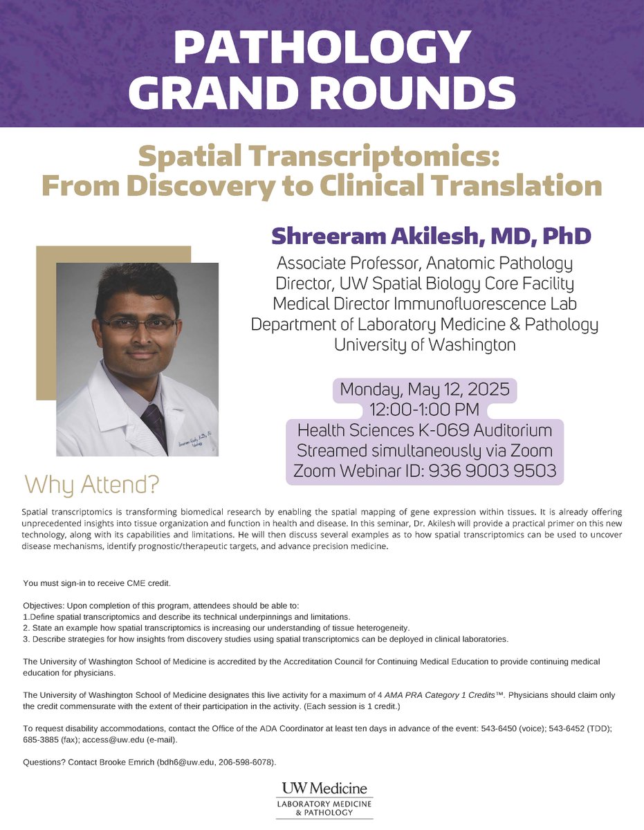 Join us for #laboratorymedicine #grandrounds "Spatial Transcriptomics: From Discovery to Clinical Translation" on Monday, May 12th from 12:00-1:00pm PT. Learn more: dlmp.uw.edu/events?trumbaE…