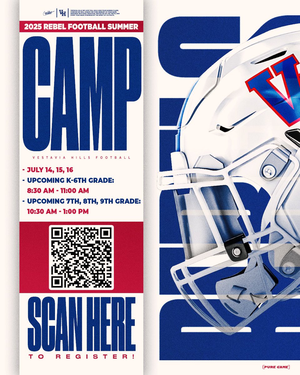 Sign up for Rebel Football Camp this summer! 

Scan the QR Code or click the link below:

🗓️July 14-16
🔴Upcoming K-6th Graders: 8:30 AM- 11:00AM
🔵Upcoming 7th-9th Graders: 10:30 AM- 1:00 PM
🔗: myschoolshares.com/schools/vestav…

#1REBEL