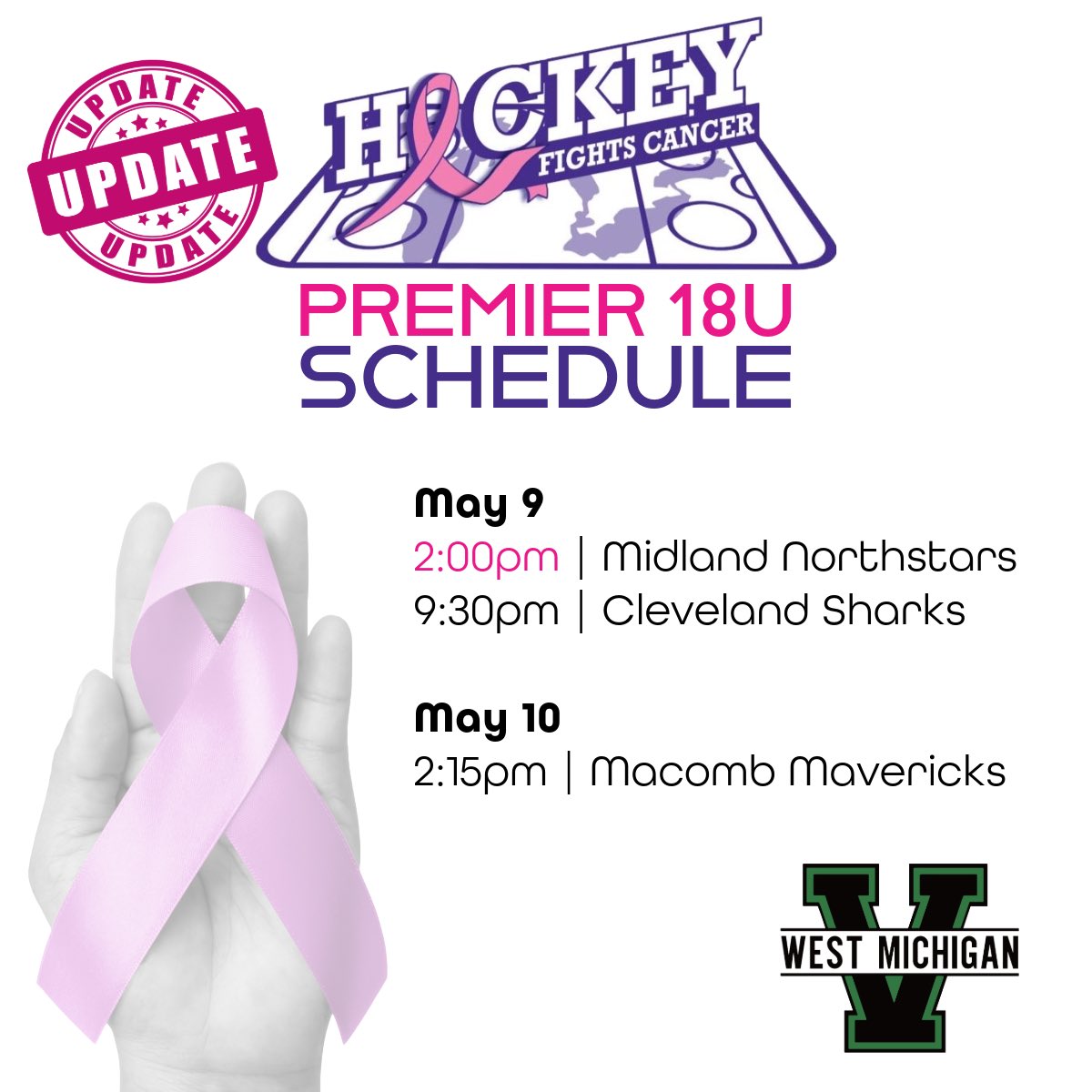 WestMIVarsity's tweet photo. Update to the update!
WMV Premier 18U Schedule Update!
Friday game is back to 2:00pm
Saturday 2:00pm game is 2:15pm
Games on Friday are at Big Boy Arena
Game on Saturday is now at Troy Sports Center (Buffalo Wild Wings Arena) https://t.co/ig2OOrw9Xq