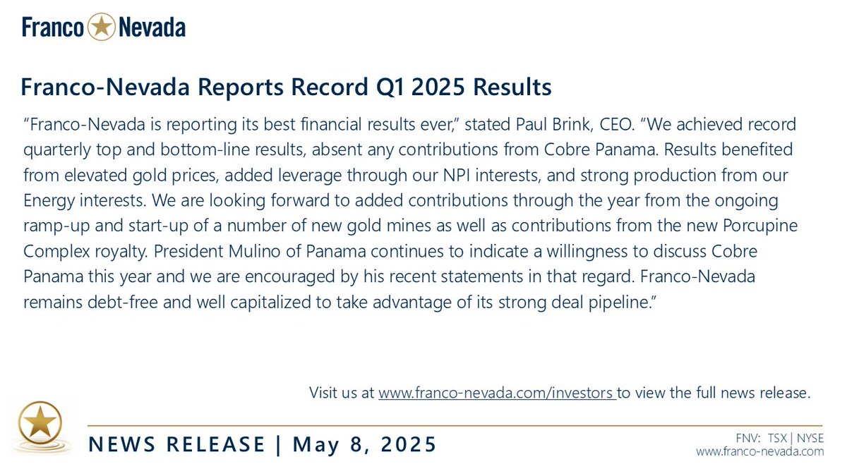 Franco-Nevada Reports Q1 2025 Results. View the press release and all results materials here: bit.ly/3GLYK1G