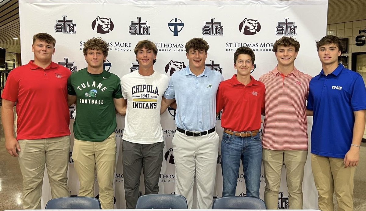 Congrats to the following who signed today at STM. Ryan Brungart-Tulane FB, John Avery Barton-Tulane FB, Cade Wilkerson-Chipola baseball, Gabe Mocek-Tulane FB, Noah Richard-Nicholls CC/Track, Gavin Duplechin- Nicholls FB, Hays Hebert-Co-Lin Baseball