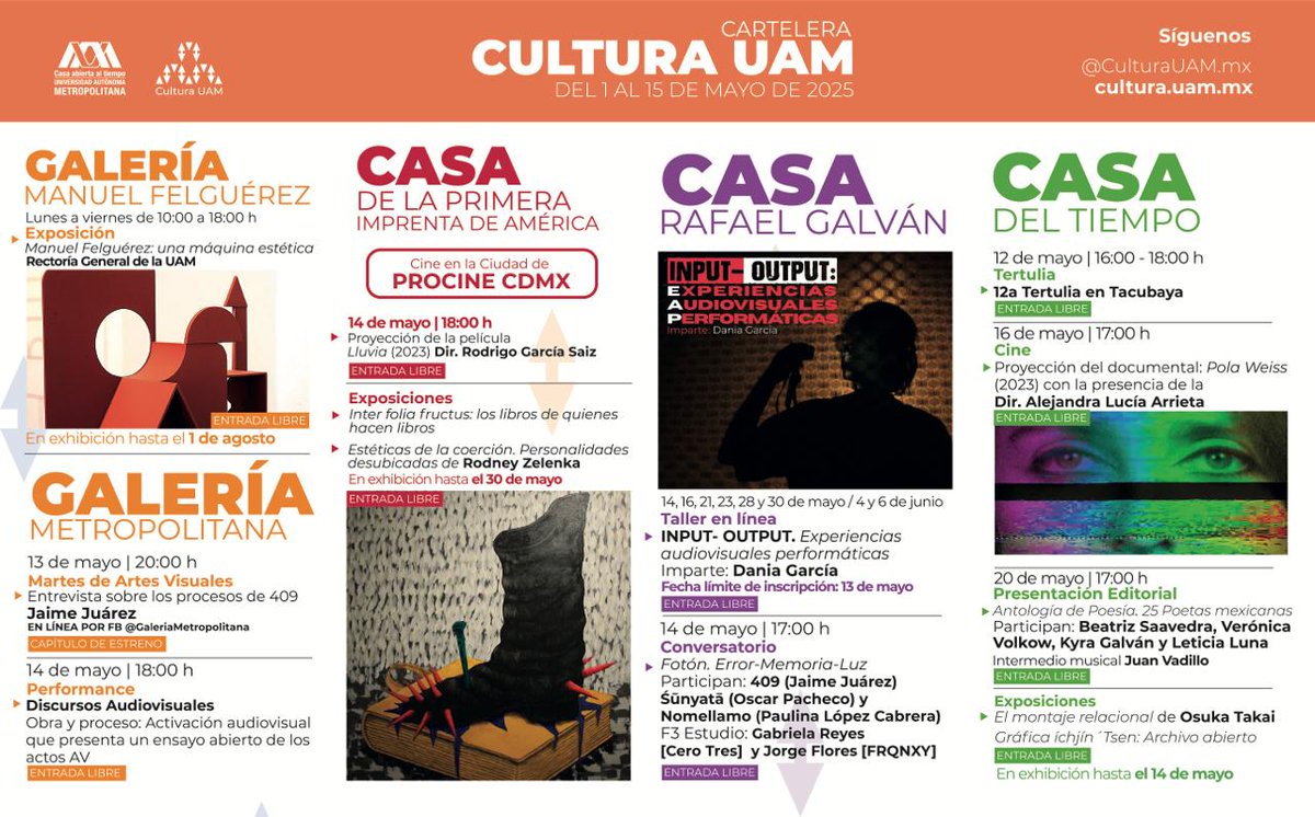 Consulta las actividades culturales que la UAM tiene preparadas para ti en el mes de mayo
.
🎭 cultura.uam.mx
.
#SoyUAM #Cultura #UAMResponsable <a href="/CulturaUAMmx/">Cultura UAM</a>
