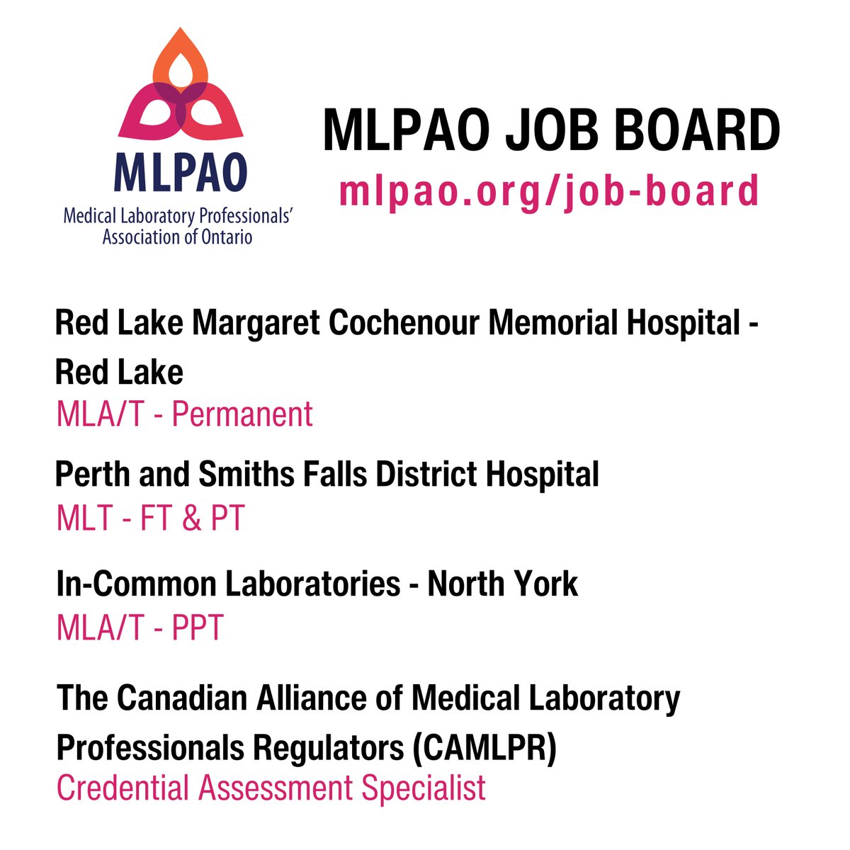 We've got listings for medical laboratory professionals at Red Lake Margaret Cochenour Memorial Hospital, Perth and Smiths Falls District Hospital, In-Commons Laboratories, and CAMLPR.
To learn more visit our job board at mlpao.org/job-board
#ON #jobs #MedLabONT #ONLab
53w