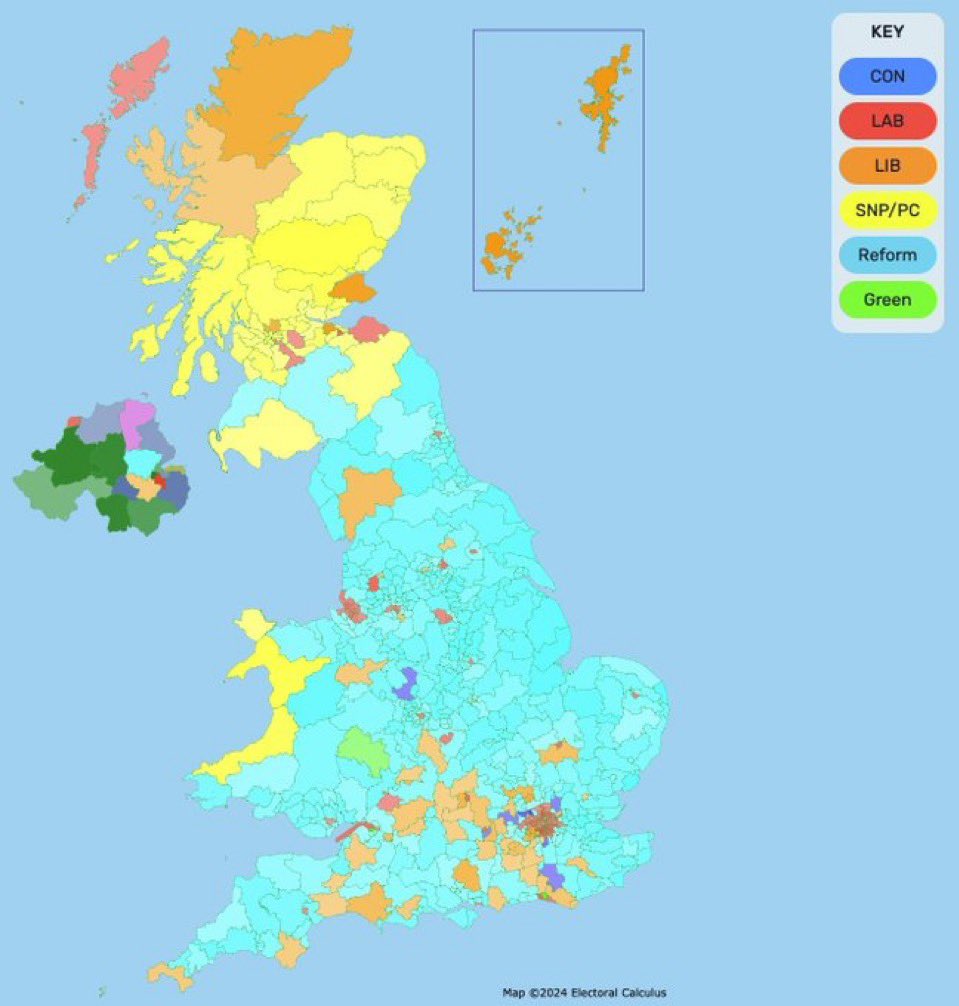 This is what the political map of the UK looks like based on today’s poll

When I explained why Reform would replace the Tories, people laughed

But it is now happening

This is the most significant revolt since the rise of the Labour Party

mattgoodwin.org/p/a-political-…