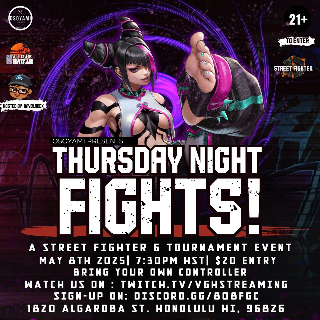Tonight, we’ll be having our final season 2 tournament at Osoyami Bar &amp; Grill! Doors open at 6pm, with the tournament starting at 7:30pm.  Casual matches for Tekken 8, Fatal Fury, Guilty Gear and more will be available as stations are freed up.  See you there! #808fgc