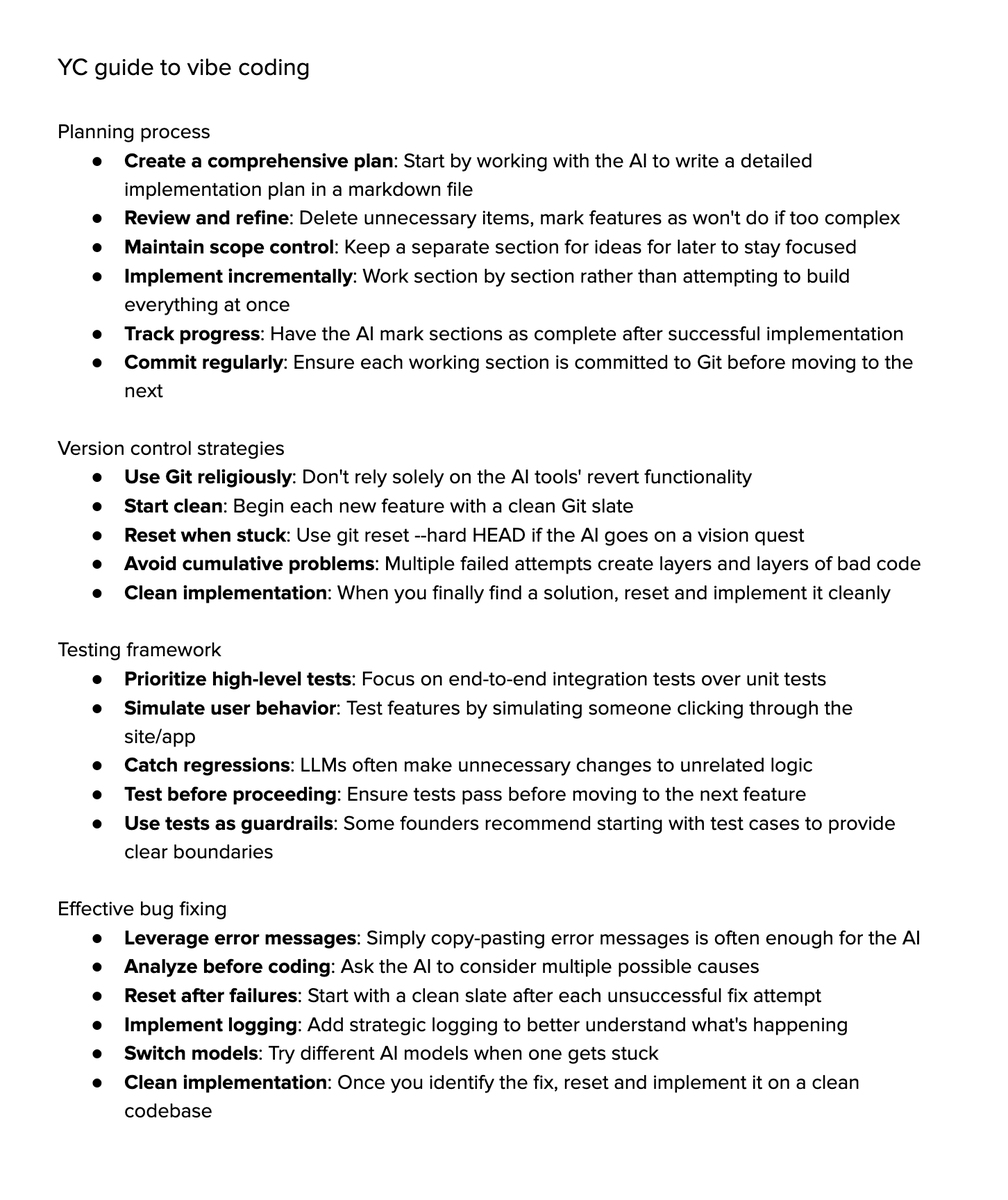DataChaz's tweet photo. One for vibe-coders to bookmark!

@ycombinator's notes on how to get the most out of vibe coding. https://t.co/GWEcbNSGeB