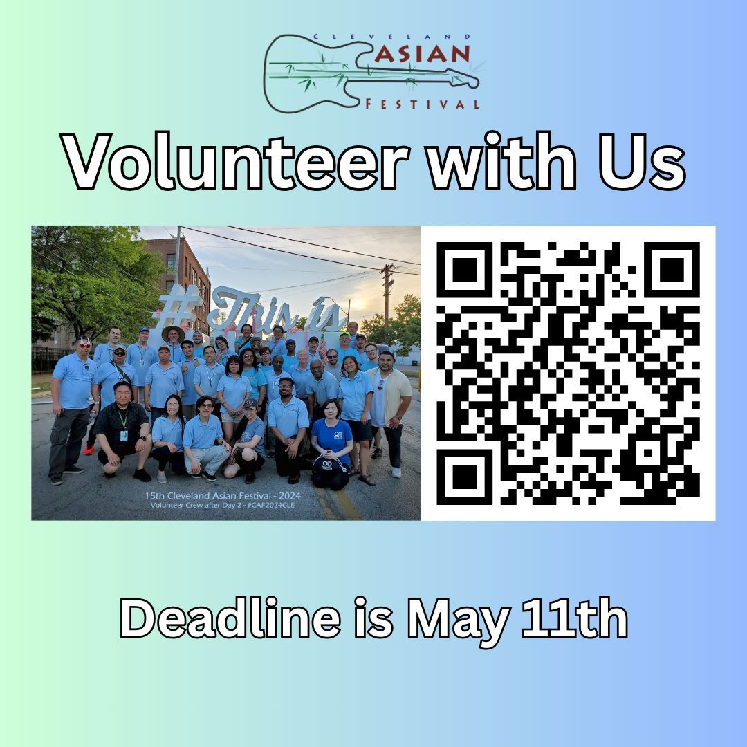 Volunteers are critical to running the Cleveland Asian Festival. Have a great time being a part of the backstage fun! Registration for the 2025 Cleveland Asian Festival is open now through May 11th.

clevelandasianfestival.org/2025/volunteer/