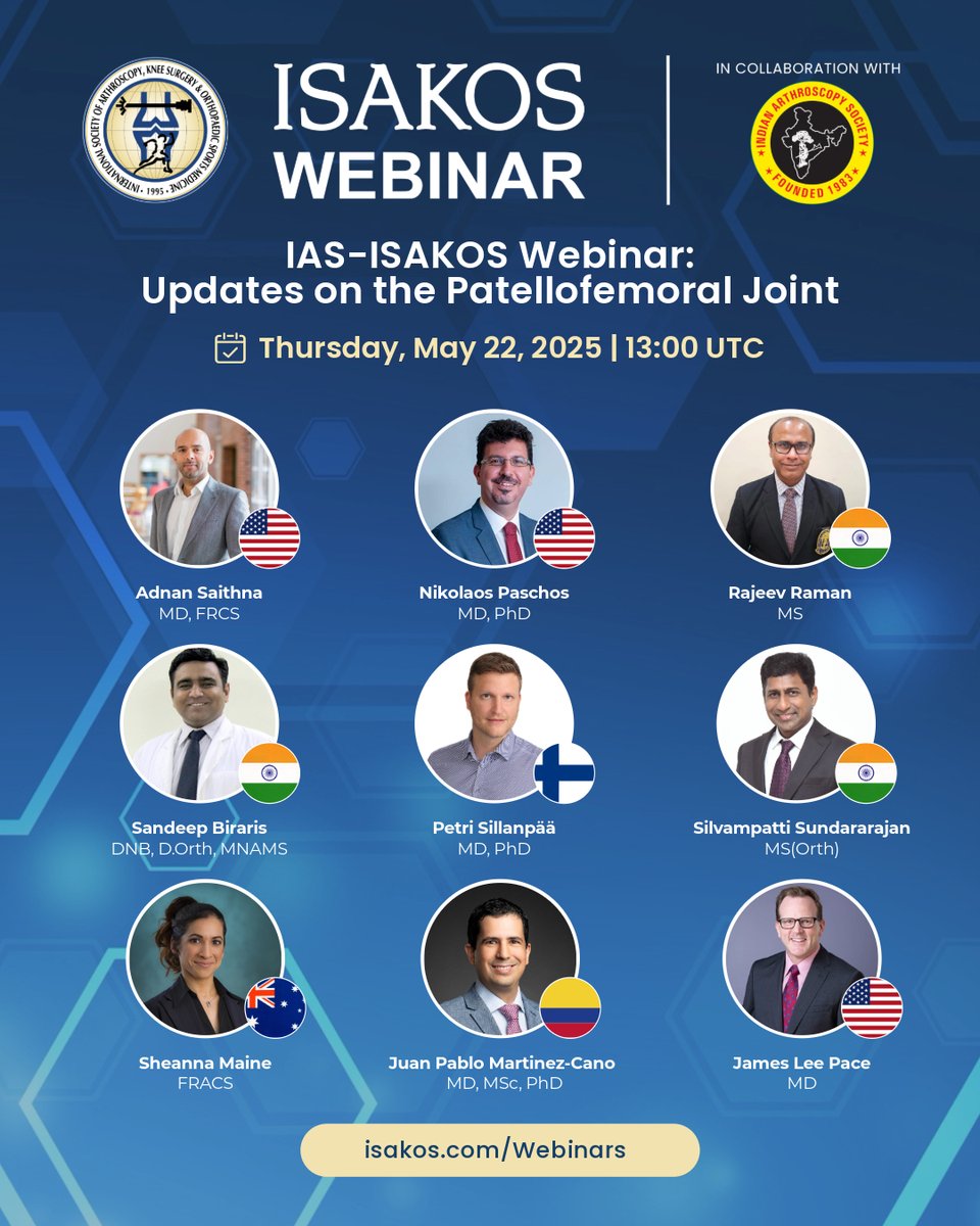📍Join us in TWO WEEKS for the #ISAKOSWebinar with #IAS: Updates on the Patellofemoral Joint | Presented by the ISAKOS Young Professionals Task Force 
🗓️ Thursday, May 22, 2025 | 13:00 - 14:15 UTC

🔗 Registration is FREE: isakos.com/Webinars