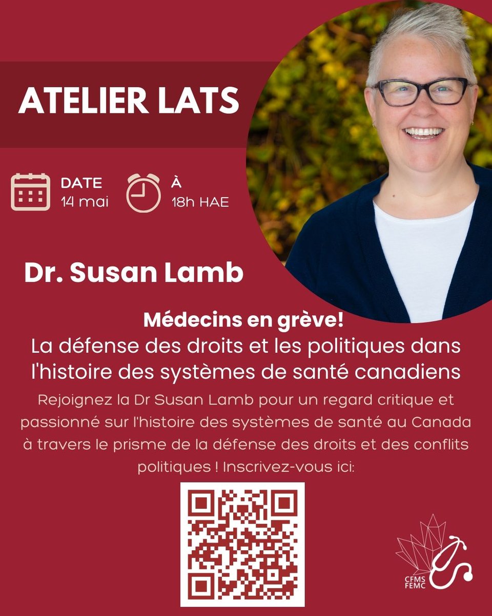 Canadian Medical Students (@cfmsfemc) on Twitter photo 📢LATS Workshop Alert
Doctors On Strike! Advocacy and Policy in the History of Canadian Healthcare Systems
📆May 14th at 6 PM EDT
Register using the QR code! 📢LATS Workshop Alert
Doctors On Strike! Advocacy and Policy in the History of Canadian Healthcare Systems
📆May 14th at 6 PM EDT
Register using the QR code!