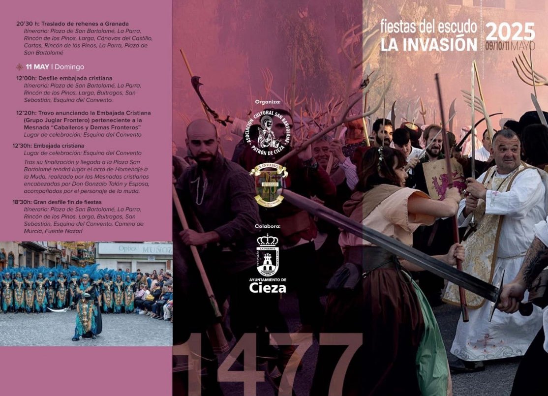 CiezaEnTuMano's tweet image. 🤴🫅 #FiestasdelEscudo #LaInvasión 2025

Aquí os traemos toda la programación de la Fiestas del Escudo que comienzan este viernes 9 de mayo, hasta el domingo 11.

Cómo siempre comenzará con la Inauguración del Mercadillo Medieval, la Entrega de Poderes al Comendador
Sigue Hilo 👇