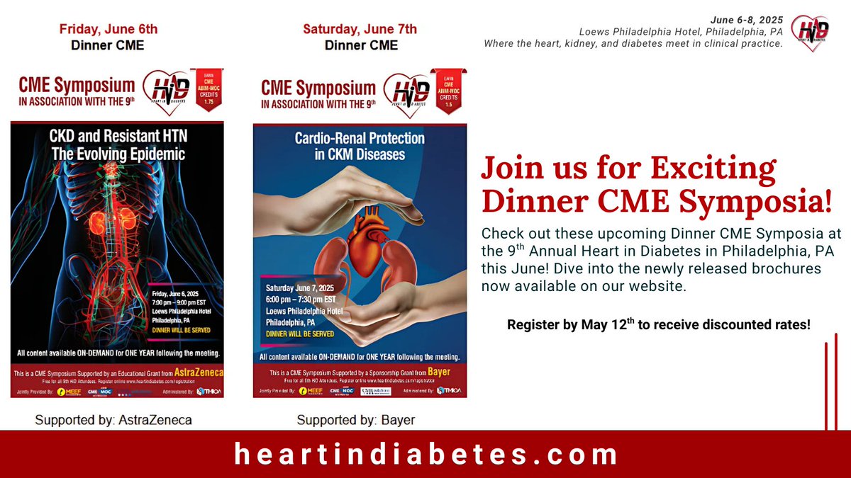 Heart in Diabetes π« (@heartindiabetes) on Twitter photo Join us for exciting Dinner CME Symposia at the 9th HiD this June! Check out the newly released brochures at: heartindiabetes.com/cmesymposium
Register before #Discounted rates expire May 12th! heartindiabetes.com/registration
#9HID #HID25 #9HeartinDiabetes #CMESymposium #MedEd #Diabetes Join us for exciting Dinner CME Symposia at the 9th HiD this June! Check out the newly released brochures at: heartindiabetes.com/cmesymposium
Register before #Discounted rates expire May 12th! heartindiabetes.com/registration
#9HID #HID25 #9HeartinDiabetes #CMESymposium #MedEd #Diabetes