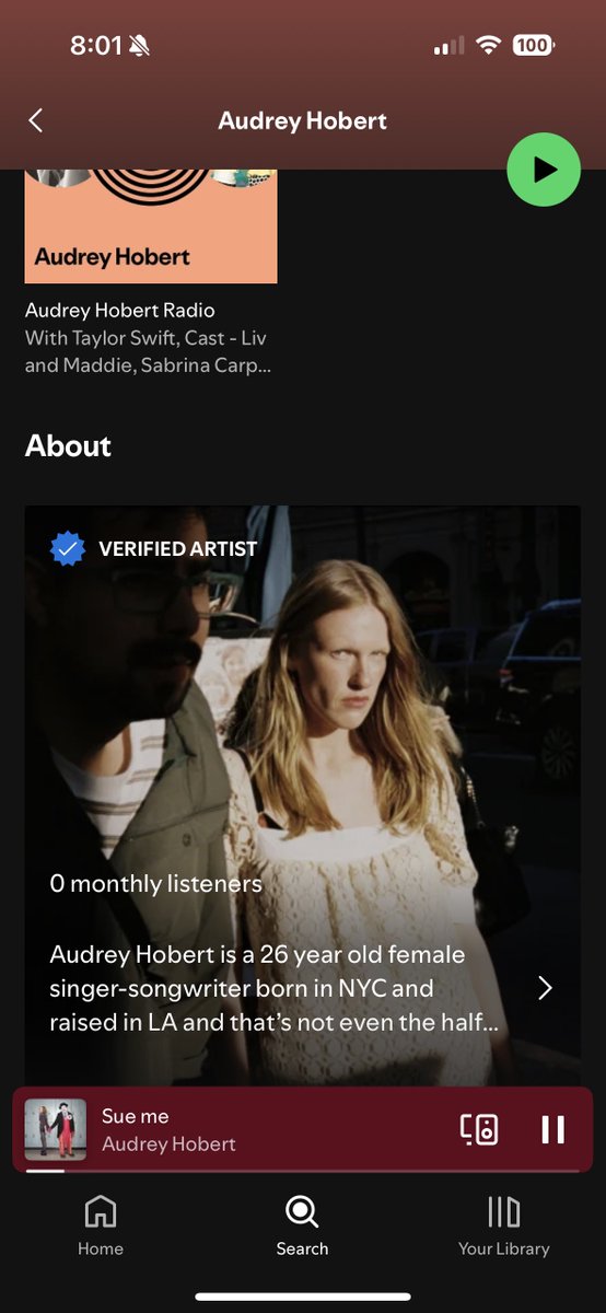 faultlinemadi's tweet photo. liking sue me by audrey hobert when shes still at 0 monthly listeners 🙂‍↕️ https://t.co/H5BndEpgNq