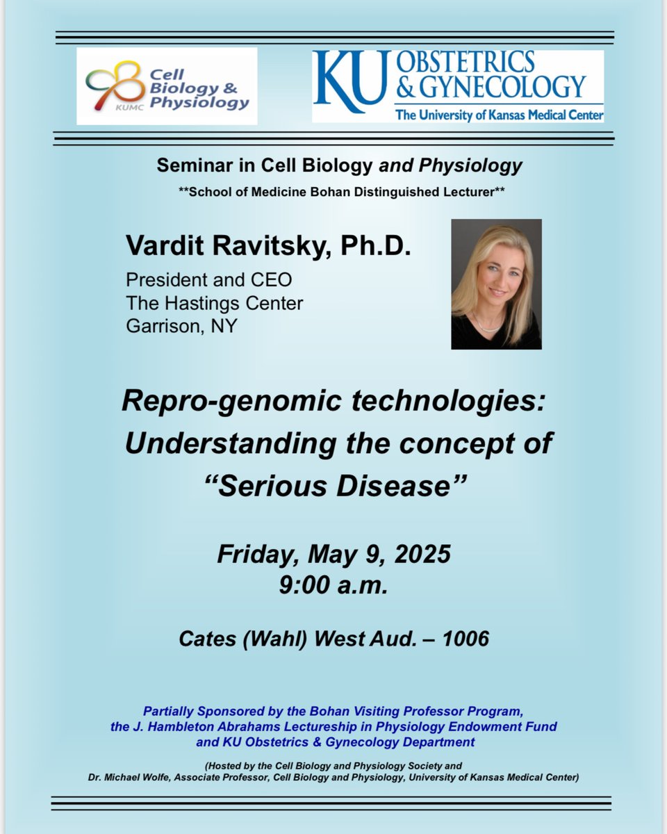 Vardit Ravitsky (@varditravitsky) on Twitter photo Honored to give the Bohan Distinguished Lecture at the <a href="/UnivOfKansas/">University of Kansas</a> Medical Center tomorrow on "Repro-genomic technologies: Understanding the concept of 'Serious Disease'”.
Also excited to discuss <a href="/hastingscenter/">The Hastings Center for Bioethics</a>'s current work and priorities! Honored to give the Bohan Distinguished Lecture at the <a href="/UnivOfKansas/">University of Kansas</a> Medical Center tomorrow on "Repro-genomic technologies: Understanding the concept of 'Serious Disease'”.
Also excited to discuss <a href="/hastingscenter/">The Hastings Center for Bioethics</a>'s current work and priorities!