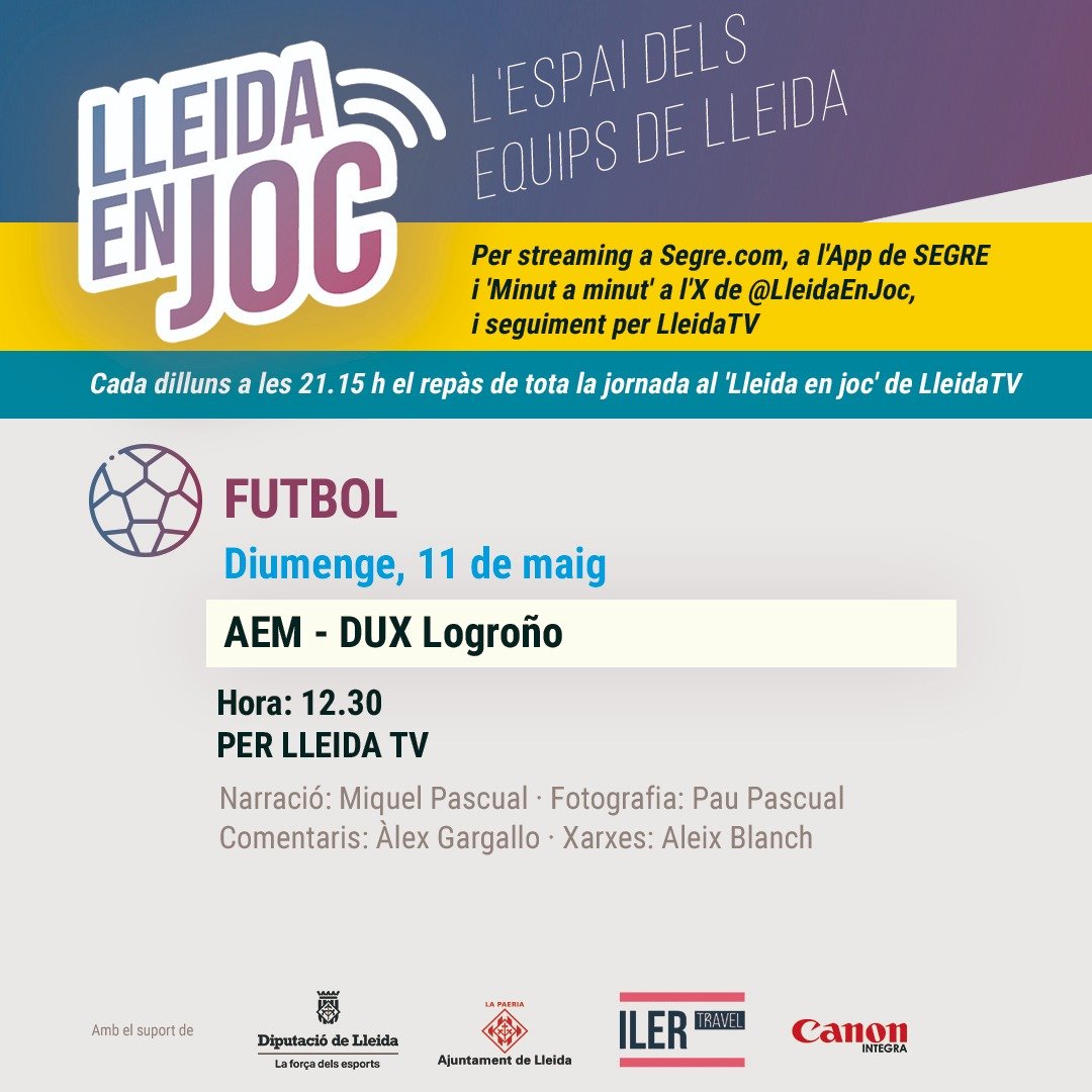 💥 MATINAL DE FUTBOL AL RECASENS, DIA DE <a href="/SEAEM_1925/">Secció Esportiva AEM</a>!⚽️

📺 A les 12:25h ens hi posem amb l'#AEMDUXLogroño per <a href="/LleidaTV/">Lleida TV</a>❗

📋 ALINEACIÓ DE #LleidaEnJoc👇

🎙️ <a href="/MiquelPascual99/">Miquel Pascual Prat</a>
🗣️ <a href="/AlexGargallo_/">Àlex Gargallo</a>
💻 <a href="/AleixBlanchB/">Aleix Blanch Barrull</a>
📸 <a href="/paupascu4/">pau pascual prat</a>