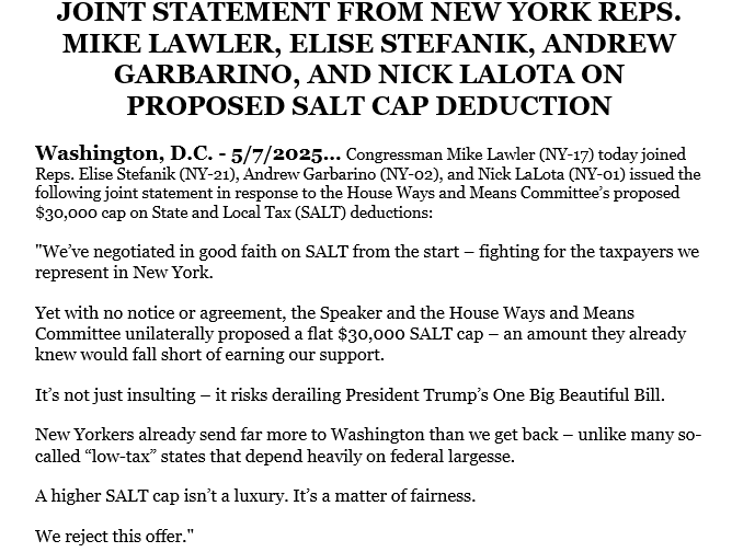 NY House Republicans say the latest SALT cap is no good and say it endangers Trump's bill