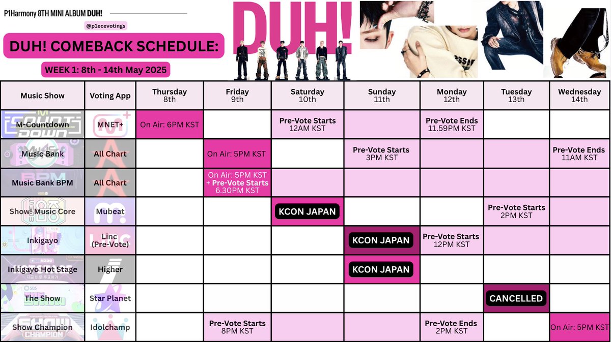 🌷 | 📢 HEY THERE P1ECE! Rest assured we have created a schedule for DUH WEEK 1 Promotions!! 

⭐️ The schedule includes the music show, which app it requires, pre/live vote, and when it airs 🥳 If you have any questions or concerns, please dm us. 

‼️ P1H are scheduled to perform