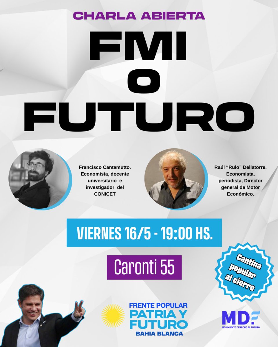 rayude68's tweet photo. Las y los invitamos a la charla FMI o Futuro a cargo de los economistas Francisco Cantamutto y Raul Dellatorre.
Viernes 16 de mayo. 19 hs.
Caronti 55 https://t.co/jbFB5zbsyt