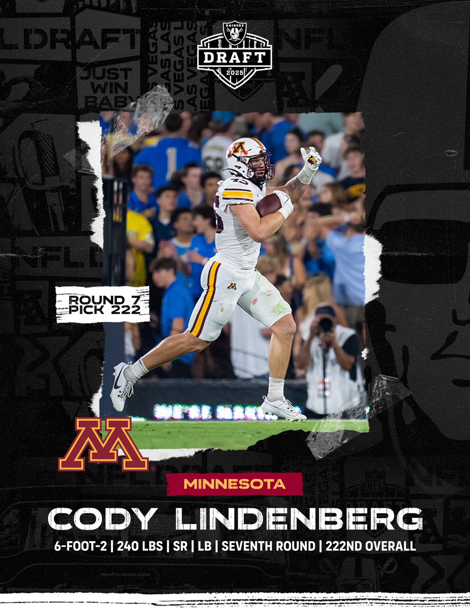 Raiders PR (@raiders_pr) on Twitter photo #RAIDERS ROSTER NEWS:
- Signed Las Vegas <a href="/Raiders/">Las Vegas Raiders</a> 2025 seventh-round draft pick (222nd overall), LB Cody Lindenberg (<a href="/cody_lindenberg/">Cody Lindenberg</a>) #RAIDERS ROSTER NEWS:
- Signed Las Vegas <a href="/Raiders/">Las Vegas Raiders</a> 2025 seventh-round draft pick (222nd overall), LB Cody Lindenberg (<a href="/cody_lindenberg/">Cody Lindenberg</a>)