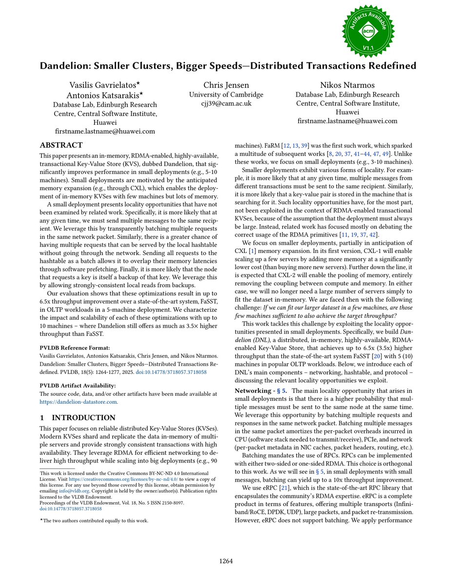 PVLDB (@pvldb) on Twitter photo Vol:18 No:5 → Dandelion: Smaller Clusters, Bigger Speeds—Distributed Transactions Redefined vldb.org/pvldb/vol18/p1… Vol:18 No:5 → Dandelion: Smaller Clusters, Bigger Speeds—Distributed Transactions Redefined vldb.org/pvldb/vol18/p1…