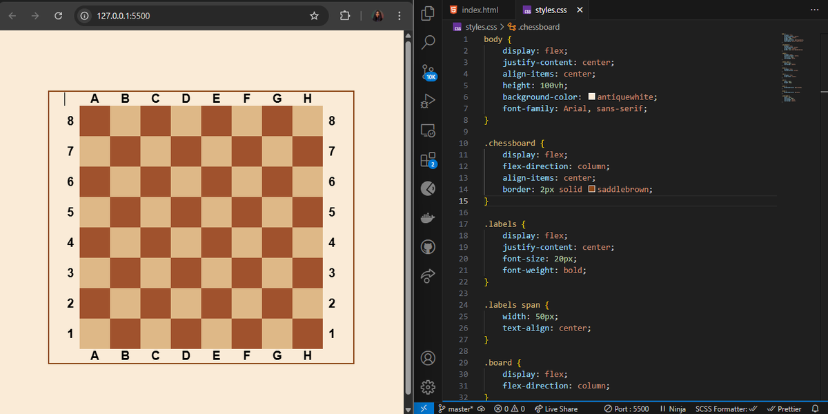 Tomnadoo's tweet image. Chess has always been my quiet obsession, even with rusty hands. So I built my board, square by square, in plain HTML & CSS. It isn’t perfect, but it's mine. Be bold. Stay consistent. Fail loud. Build anyway. ♟️💻 #CodeYourGame #Checkmate  #CodingInPublic #FrontendDev  #vscode.