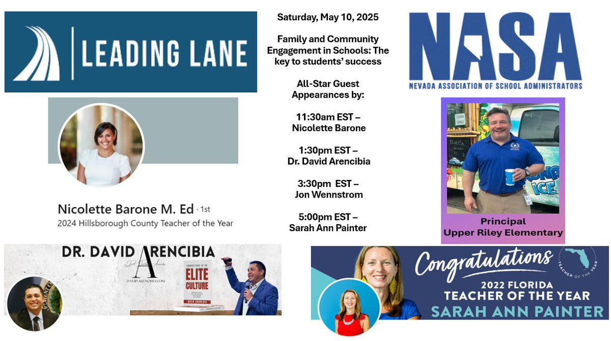 This Saturday (May 10, 2025), <a href="/leadinglane/">Adam Lane</a> will be presenting an online session for the <a href="/NASANevada/">NASA Nevada</a>, but everyone is welcome to register.  Saturday, May 10, 8am-4pm PST - Family and Community Engagement in Schools: The key to students’ success
nasanv.org/event-details/…
