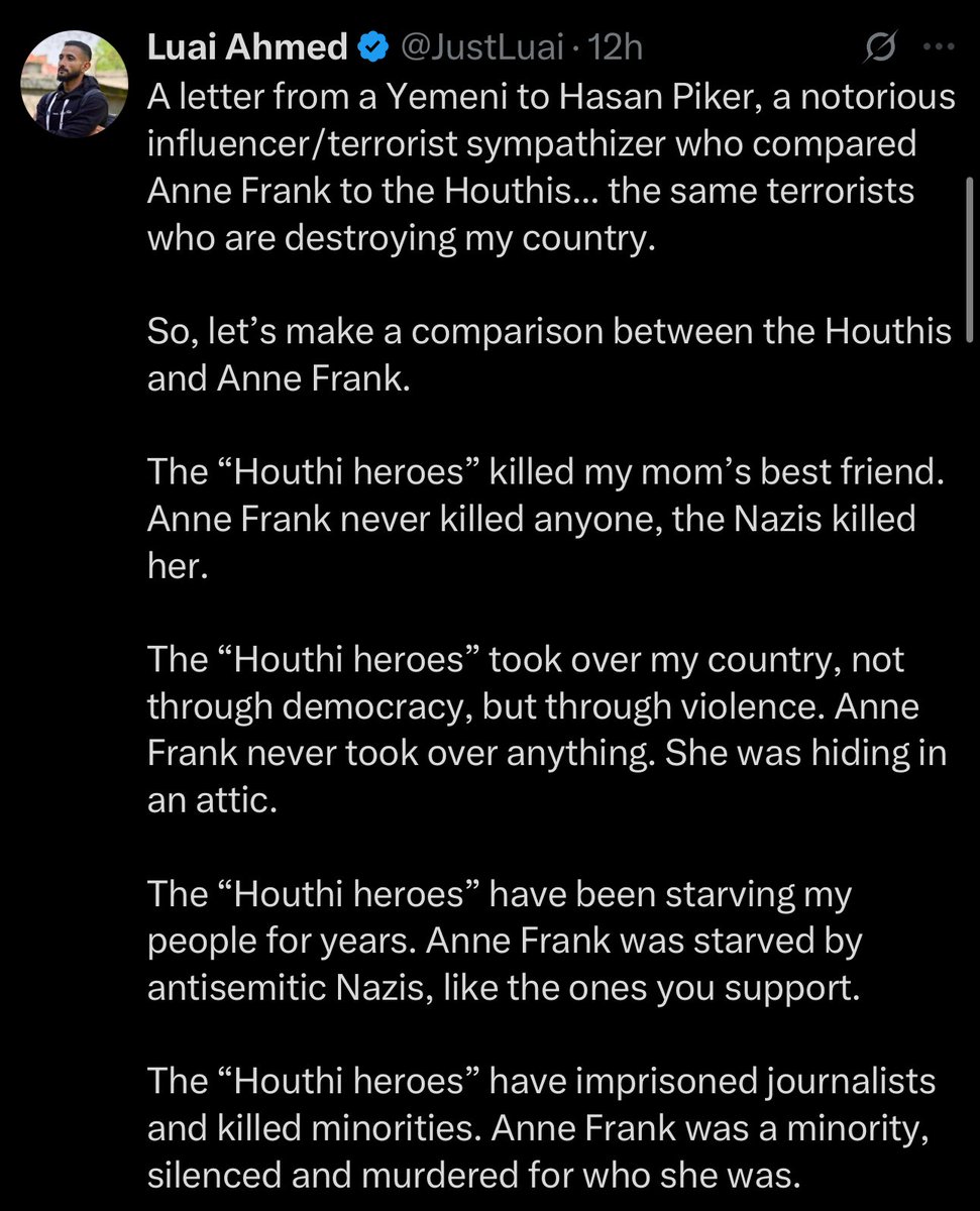 Awk20000's tweet image. Ethan reposted a Yemeni who called out Hasan Piker for “comparing Anne Frank to the Houthis”