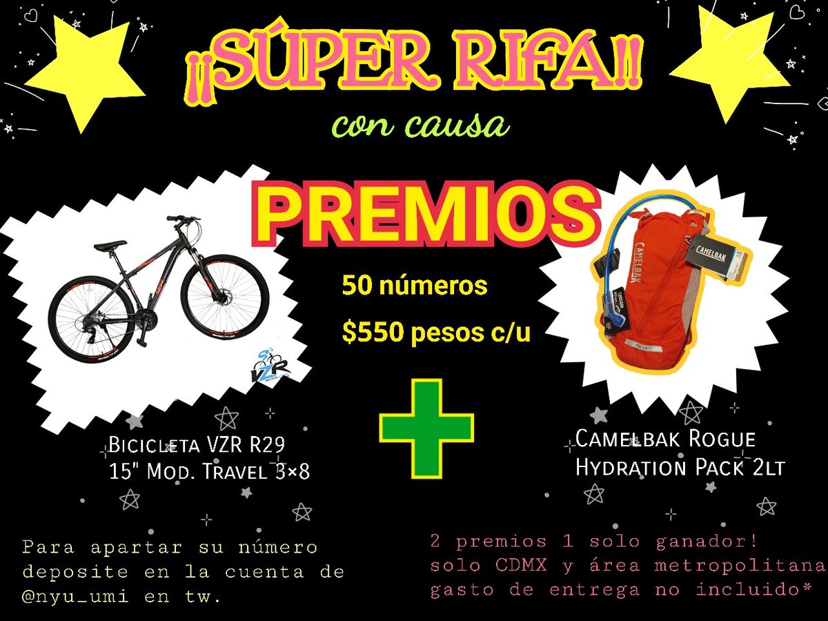 Nyu_umi's tweet image. 📢 RIFA GENIAL CON CAUSA✨️
📍CDMX
🥇1 solo ganador
5️⃣0️⃣ números 
💲550 pesos cada uno

🎁🎁premios 
1. 🚲BICICLETA MARCA VAZHER (VZR) RODADA 29.

2. CAMELBACK ROGUE MOCHILA DE HIDRATACIÓN 2 LITROS.

Aparten su número aqui!
💳NU
CLABE: 638180010115812562
N° cuenta: 01011581256
