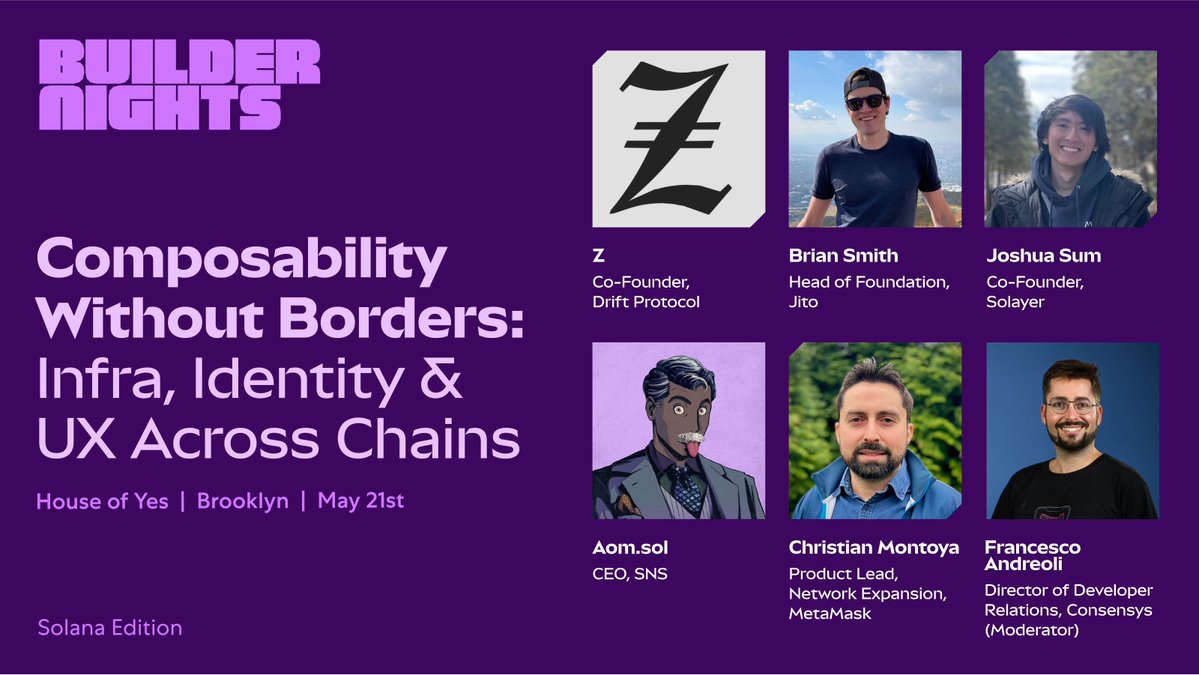 MetaMask.eth ๐ฆ (@metamask) on Twitter photo At our @Solana Edition of Builder Nights, we'll have an unmissable panel. ๐ฃ
Composability Without Borders, with:
<a href="/bigz_Pubkey/">bigz ๐พ</a> (<a href="/DriftProtocol/">Drift</a>)
<a href="/brian_smith_0/">Brian</a> (<a href="/jito_sol/">Jito</a>)
<a href="/0xJsum/">Joshua (svm/acc)</a> (<a href="/solayer_labs/">Solayer</a>)
<a href="/aomdotsol/">aom.sns.sol</a> (<a href="/sns/">sns.sol</a>)
<a href="/MidwitMilhouse/">Miami Slice</a> ๐ฆ
<a href="/francescoswiss/">Francesco Andreoli | andreolf.ethแตแต</a> ๐ฆ
May 21 in NYC. Register ๐ At our @Solana Edition of Builder Nights, we'll have an unmissable panel. ๐ฃ
Composability Without Borders, with:
<a href="/bigz_Pubkey/">bigz ๐พ</a> (<a href="/DriftProtocol/">Drift</a>)
<a href="/brian_smith_0/">Brian</a> (<a href="/jito_sol/">Jito</a>)
<a href="/0xJsum/">Joshua (svm/acc)</a> (<a href="/solayer_labs/">Solayer</a>)
<a href="/aomdotsol/">aom.sns.sol</a> (<a href="/sns/">sns.sol</a>)
<a href="/MidwitMilhouse/">Miami Slice</a> ๐ฆ
<a href="/francescoswiss/">Francesco Andreoli | andreolf.ethแตแต</a> ๐ฆ
May 21 in NYC. Register ๐