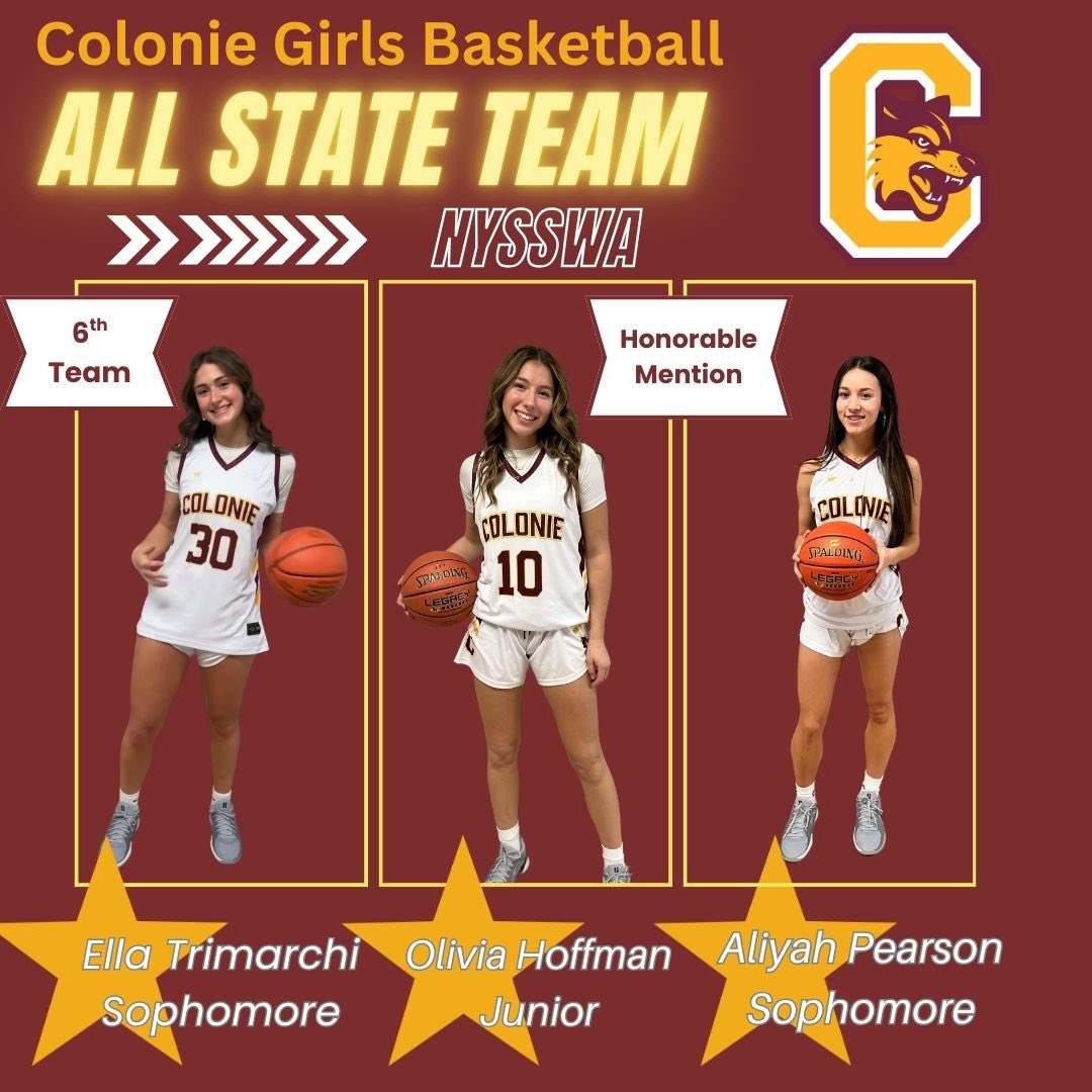 Colonie Girls Basketball (@scgirls_hoops) on Twitter photo Congratulations to our players voted to the New York State Sports Writers Association All State Teams. <a href="/Ella_trimarchi/">Ella Trimarchi</a> <a href="/OHoff10/">Olivia Hoffman</a> <a href="/Aliyahpearson25/">Aliyah Pearson</a>
<a href="/ColoniePack/">Colonie Athletics</a> Congratulations to our players voted to the New York State Sports Writers Association All State Teams. <a href="/Ella_trimarchi/">Ella Trimarchi</a> <a href="/OHoff10/">Olivia Hoffman</a> <a href="/Aliyahpearson25/">Aliyah Pearson</a>
<a href="/ColoniePack/">Colonie Athletics</a>
