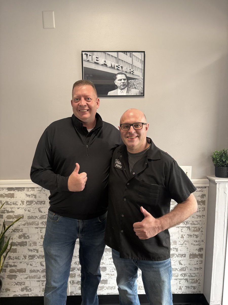 Teamster member Jeff Lyons hosted a proposal meeting tonight at his pizza place Vesuvio Pizza in Catskill, NY for members at Bonded Concrete South. Can’t get any better than Teamster proposals with Teamster Pizza and a photo of Jimmy Hoffa on the wall! <a href="/KoniszewskiStan/">Stan Koniszewski</a>