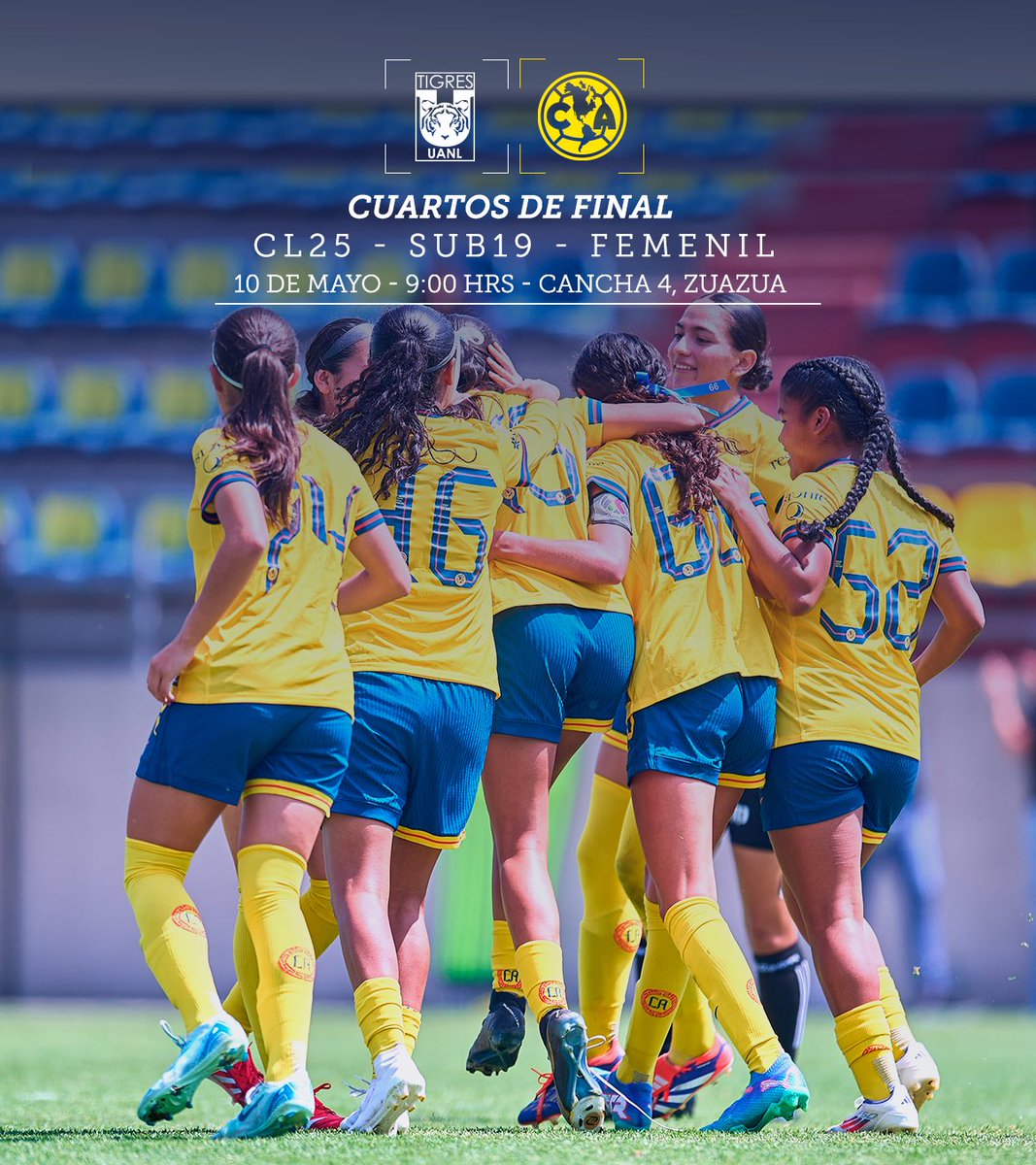 America_FB's tweet photo. #Sub19Fem | Conoce nuestro rival de 𝐂𝐮𝐚𝐫𝐭𝐨𝐬 𝐝𝐞 𝐅𝐢𝐧𝐚𝐥.

Sábado 10 de mayo, 09:00 horas. 
📍 Cancha 4, Zuazua. 

#ÁguilasDesdeLaCuna https://t.co/ZvnTQjy8mA