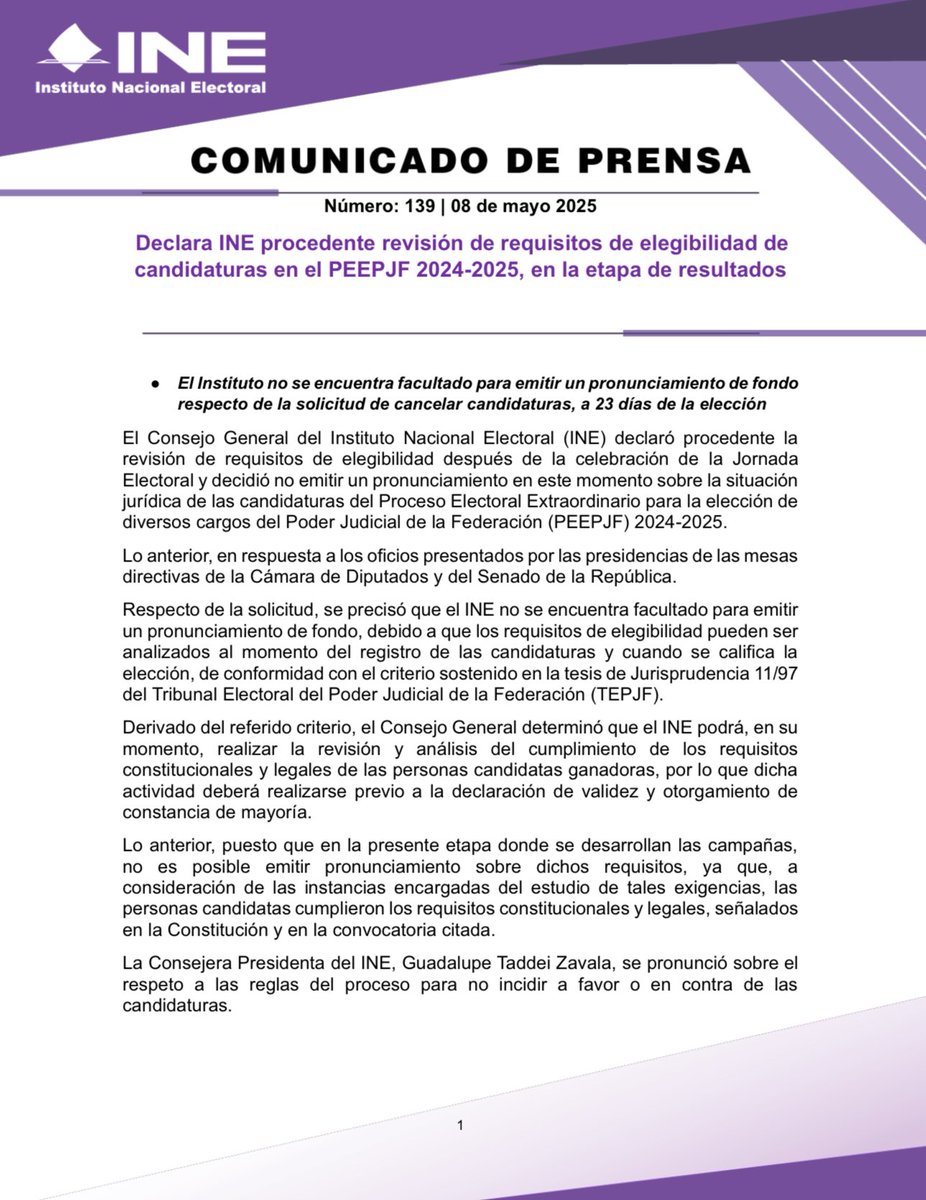 INEMexico's tweet photo. 📑 #BoletínINE | Declara INE procedente revisión de requisitos de elegibilidad de candidaturas en el PEEPJF 2024-2025, en la etapa de resultados.

https://t.co/Ks0Mg5GkeO https://t.co/fyj7v1oPle