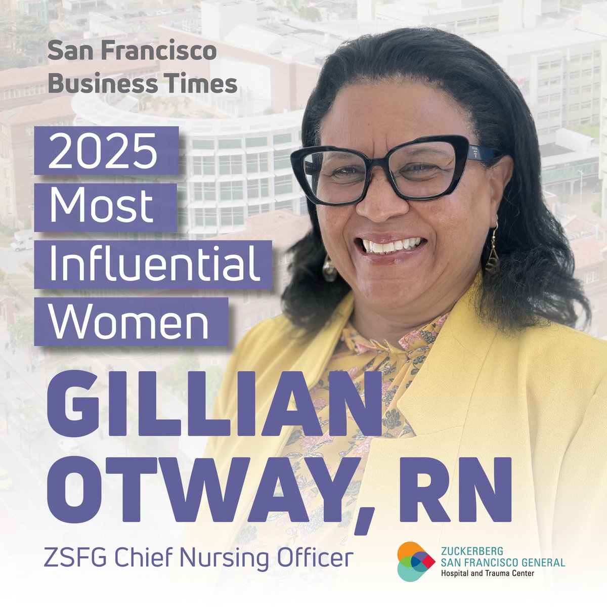 Zuckerberg SF General Hospital & Trauma Center (@zsfgcare) on Twitter photo Congratulations, Gillian Otway, RN, on being named one of the Most Influential Women in the Bay Area by <a href="/SFBusinessTimes/">San Francisco Business Times</a>.
Her dedication to #healthequity, innovation, and advocacy for nursing excellence continues to elevate quality care for communities who need it most! Congratulations, Gillian Otway, RN, on being named one of the Most Influential Women in the Bay Area by <a href="/SFBusinessTimes/">San Francisco Business Times</a>.
Her dedication to #healthequity, innovation, and advocacy for nursing excellence continues to elevate quality care for communities who need it most!