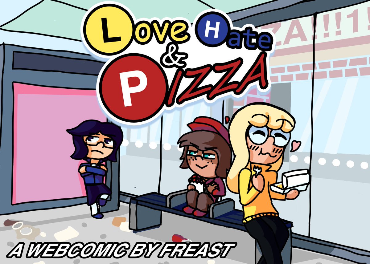Hellow chat, I've been working on something recently, and I would like to officially announce it

introducing my oc... webcomic... project, thingy: Love Hate and Pizza! ❤️💛💙