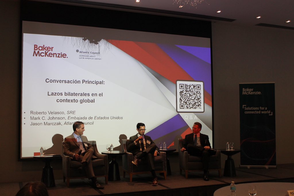 ACLatAm's tweet image. 🇺🇸🇲🇽Yesterday’s Atlantic Council–Baker McKenzie conference explored the first 100 days of the Trump administration, focusing on trade policy shifts and their cross-border business impacts for the US and Mexico. #ACMexico