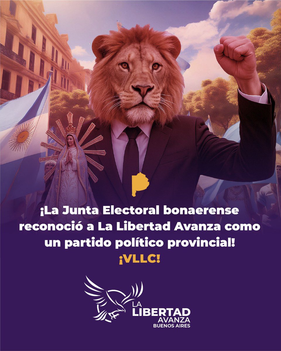 LLAenPBA's tweet photo. La misión de crear un partido en la provincia de Buenos Aires fue un desafío que encaramos con mucho entusiasmo y responsabilidad, siguiendo los ejemplos de @KarinaMileiOk y @MenemMartin. Hoy, en coincidencia con el día de la Virgen de Luján y con la elección de un nuevo Santo Padre, ese arduo esfuerzo dio sus frutos: LA LIBERTAD AVANZA fue reconocida como partido por la Justicia Electoral en territorio bonaerense.

Esto fue posible gracias al trabajo de cada coordinador distrital, la Mesa Política de LLA-PBA y de todos los leones de cada rincón de la provincia de Buenos Aires que nos acompañaron día a día en la titánica tarea de afiliación y se ocupan de librar, en todos los ámbitos posibles, la batalla cultural que nos encomendó el Presidente @JMilei. 

Con esfuerzo, inteligencia y honestidad, vamos a lograr nuestro objetivo: pintar la Provincia de violeta y que el populismo sea solo un mal recuerdo. Mientras, dejen que hablen y ataquen, que la verdad SIEMPRE prevalece.

Hoy somos más libres que antes, pero lo mejor está por venir. VIVA LA LIBERTAD CARAJO!

@SPareja_ 
@PatoBullrich 
@jlespert 
@alecarrancio 
@CarlosCurestis 
@agustinromm 
@dievalen 
@MiriamNiveyro 
Gonzalo Cabezas
@AndreaFVera_ 
@JuanesOsaba 
@analiacorvino 
Daniel Lan
@luispalominook 
@Speroni_Ale 
@gabonjo 
@LeoCabrera1977 
@gustavobories 
@Gericalvella 
@_RamonVera 
@Luchoo_Olivera 
@francagrippo 
@Matiasdeu 
@elfabriLLA 
Pablo Morillo
Martín Augusto
