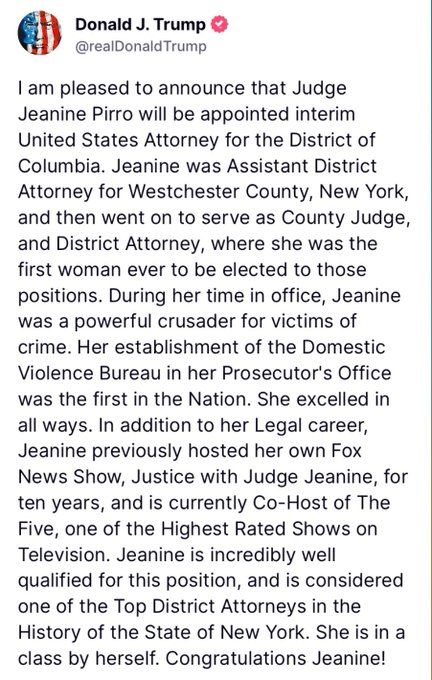 Naming Fox News host Jeanine Pirro as interim U.S. Attorney is ridiculous.

That needs to be said.

Trump is deeply unserious and has no interest in keeping any of us safe.

Same with Hegseth.

Loyalty over competence—always.