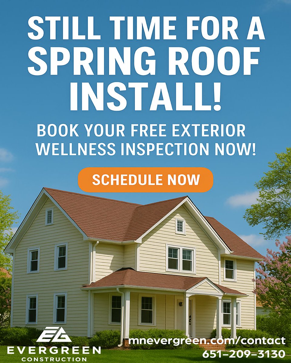 🌸 Still Time for a Spring Roof Install! 🏡
Spring isn't over yet—and it's the perfect season to get your roof replaced before the summer storms roll in!

📞 Call us at 651-209-3130 or book online: mnevergreen.com/contact

 #ExteriorWellness #mnevergreen #since2003 #roofing
