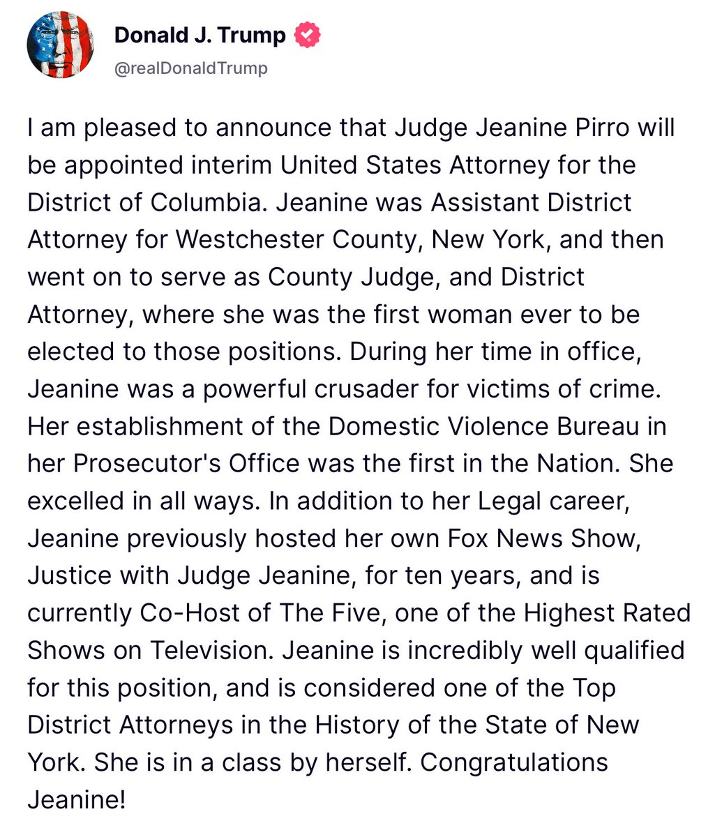 This will trigger the Left! 🤣

Congrats <a href="/JudgeJeanine/">Jeanine Pirro</a>