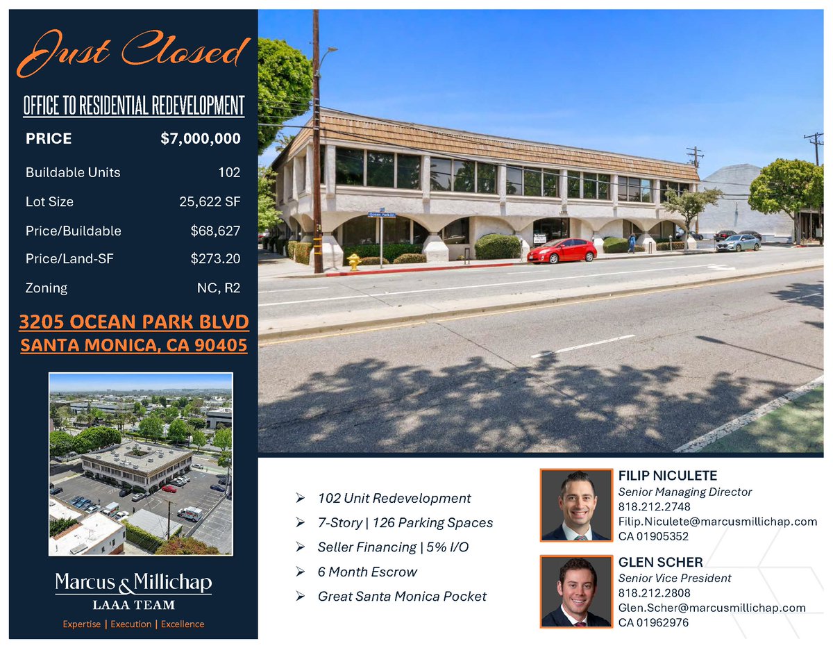***JUST CLOSED***

Office to Residential Development

102 Buildable Units

Prime Santa Monica

Closed at $7,000,000

$68,627 per Buildable Unit

$273 per Square Foot

mailchi.mp/laaa.com/just-…]

#LAAA #MarcusMillichap #Multifamily #RealEstate