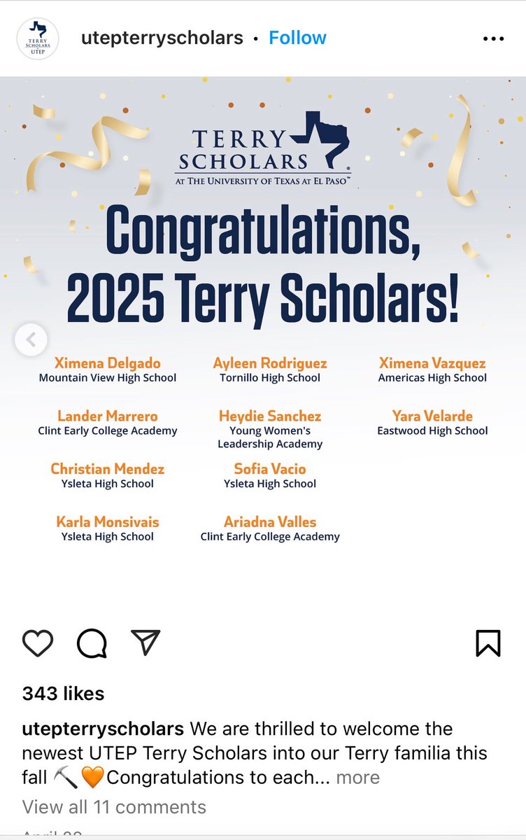 Congratulations to Miss Ayleen Rodriguez for receiving the Terry Scholarship Award. We are very proud of you and your future success at the University of Texas at El Paso. #TISDProud