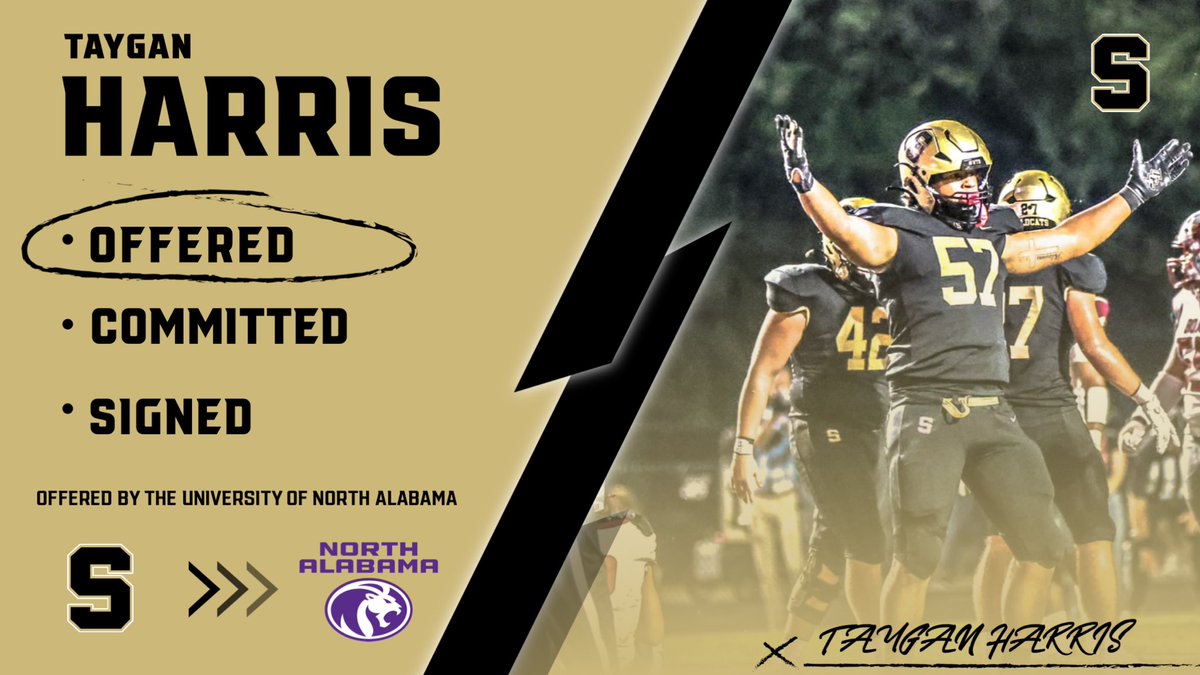 Taygan Harris (@tayganharris57) on Twitter photo After a great conversation with <a href="/CoachCaraboa/">Brock Caraboa</a> I am blessed to receive my first D1 offer from <a href="/UNAFootball/">North Alabama Football</a>
<a href="/BoroRecruiting/">Scottsboro Football Recruiting</a>
<a href="/tvann2/">Coach Tyler Vann</a>
<a href="/ALFBRecruit/">Alabama Football Scoop HS Recruiting</a>
<a href="/SBOROFTBL/">Scottsboro Football</a>
<a href="/coachpwilson/">Peyton Wilson</a>
<a href="/a_wilson36/">Austin Wilson</a> After a great conversation with <a href="/CoachCaraboa/">Brock Caraboa</a> I am blessed to receive my first D1 offer from <a href="/UNAFootball/">North Alabama Football</a>
<a href="/BoroRecruiting/">Scottsboro Football Recruiting</a>
<a href="/tvann2/">Coach Tyler Vann</a>
<a href="/ALFBRecruit/">Alabama Football Scoop HS Recruiting</a>
<a href="/SBOROFTBL/">Scottsboro Football</a>
<a href="/coachpwilson/">Peyton Wilson</a>
<a href="/a_wilson36/">Austin Wilson</a>
