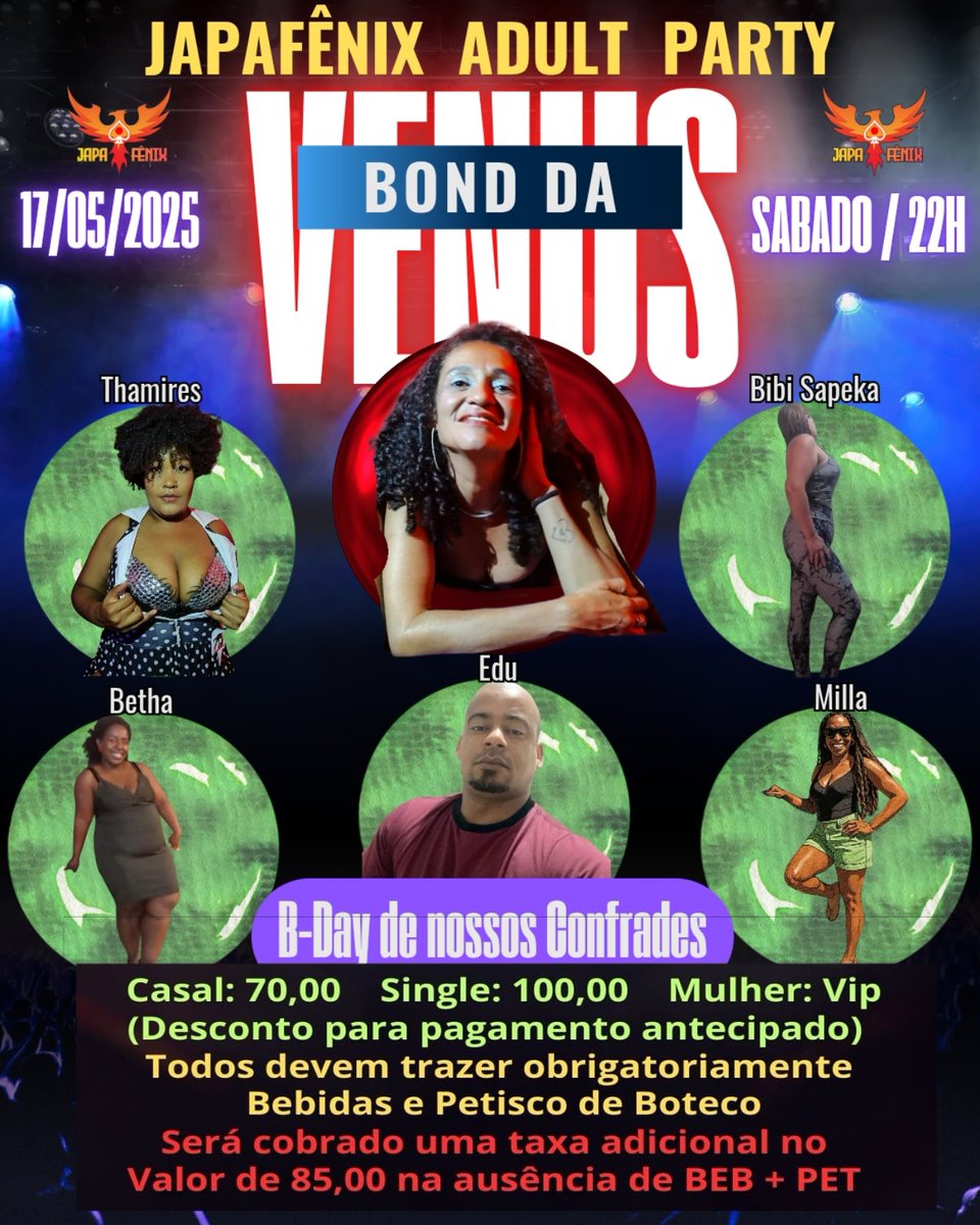 Mais uma festa que promete bombar na Oficina Japafênix!

Teremos a nossa Anfitriã VÊNUS puxando o bond com mais 5 aniversários e uma previsão de festa lotada.

Para participar, somente COM NOME NA LISTA e PAGAMENTO (via pix).

Contato para informações 
11 98375-2984 - Speed
